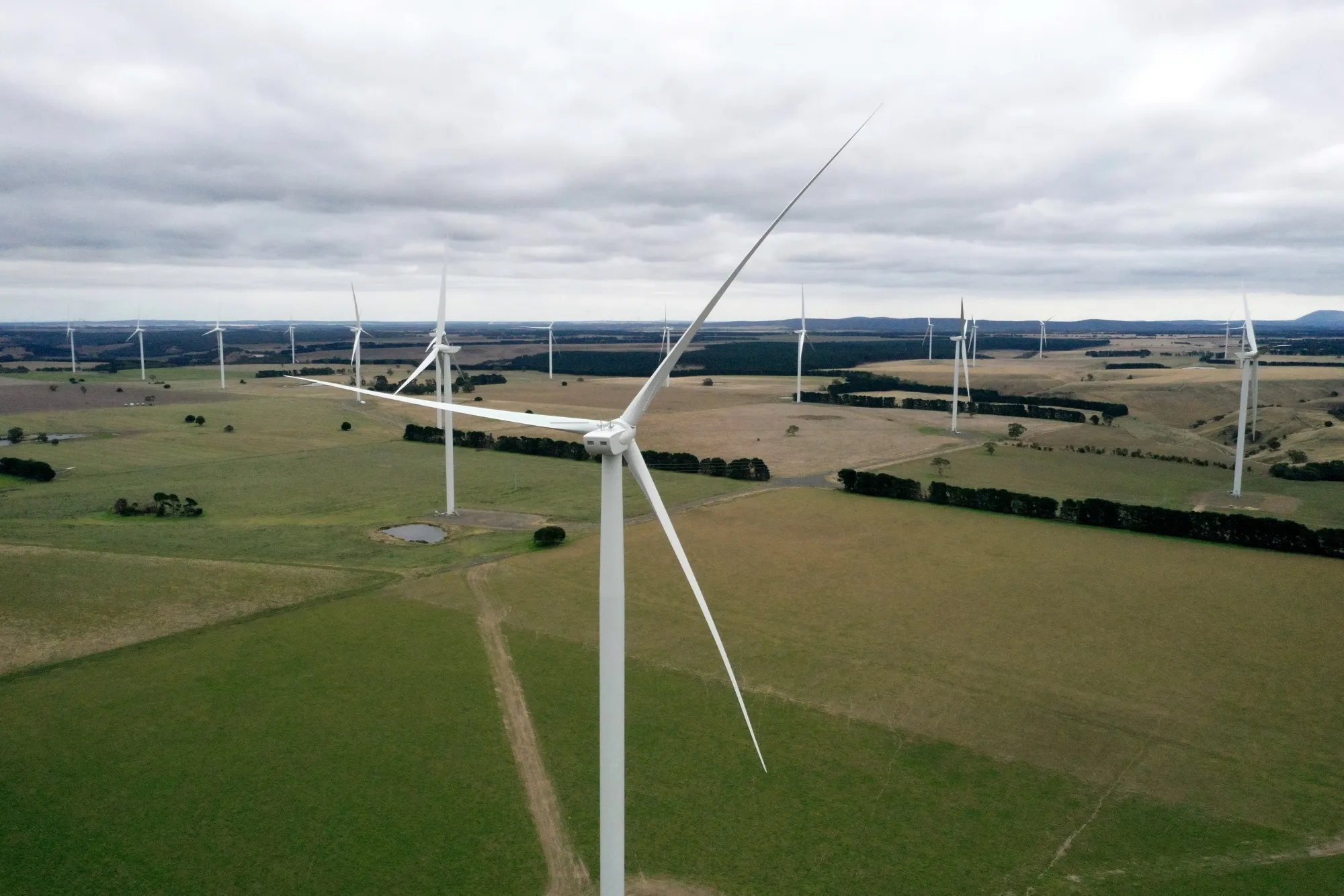 Wind turbines at the Moorabool Wind Farm in Moorabool,&nbsp;Australia.