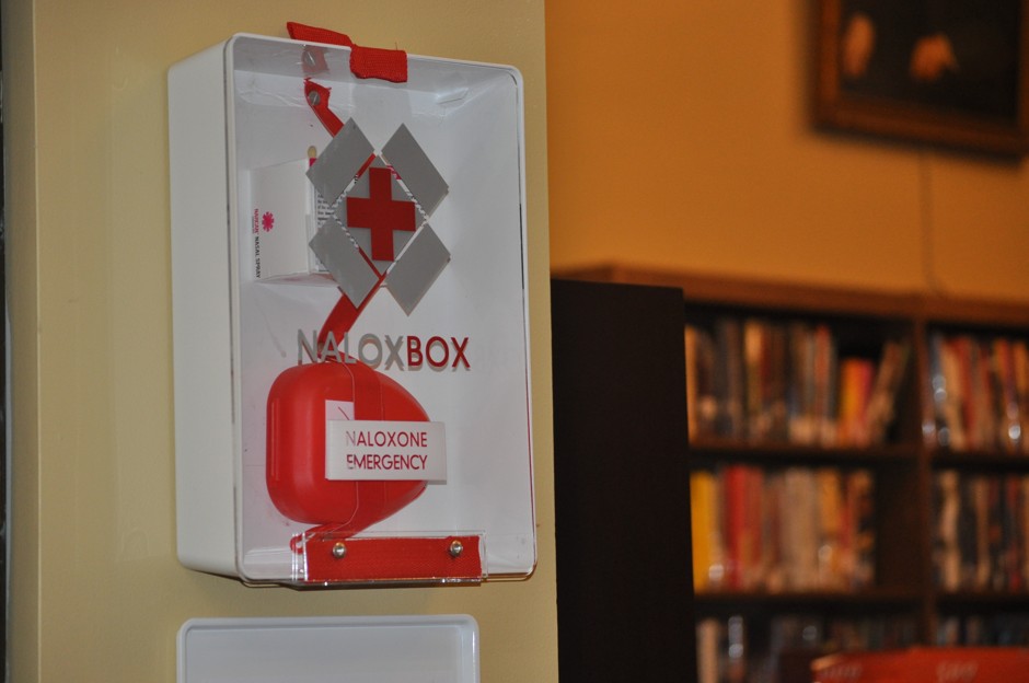 The newly installed NaloxBox at Adams Public Library contains doses of naloxone, an antidote for opioid overdoses. 