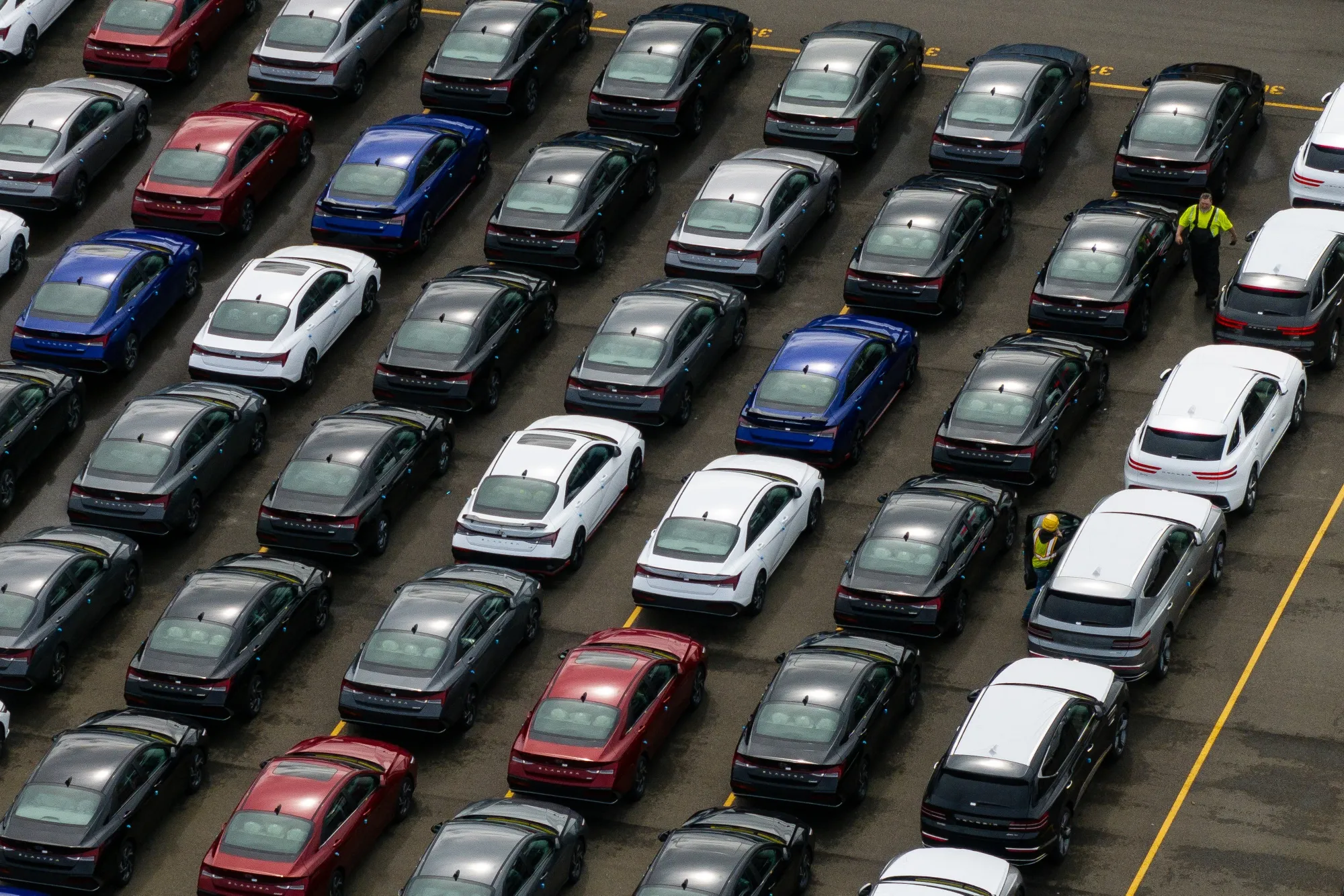 New Hyundai vehicles at the Port of Tacoma in Tacoma, Washington, US, on Thursday, March 27, 2025. President Donald Trump signed a proclamation to implement a 25% tariff on auto imports, expanding a trade war designed to bring more manufacturing jobs to the US and setting the stage for an even broader push on levies next week.
