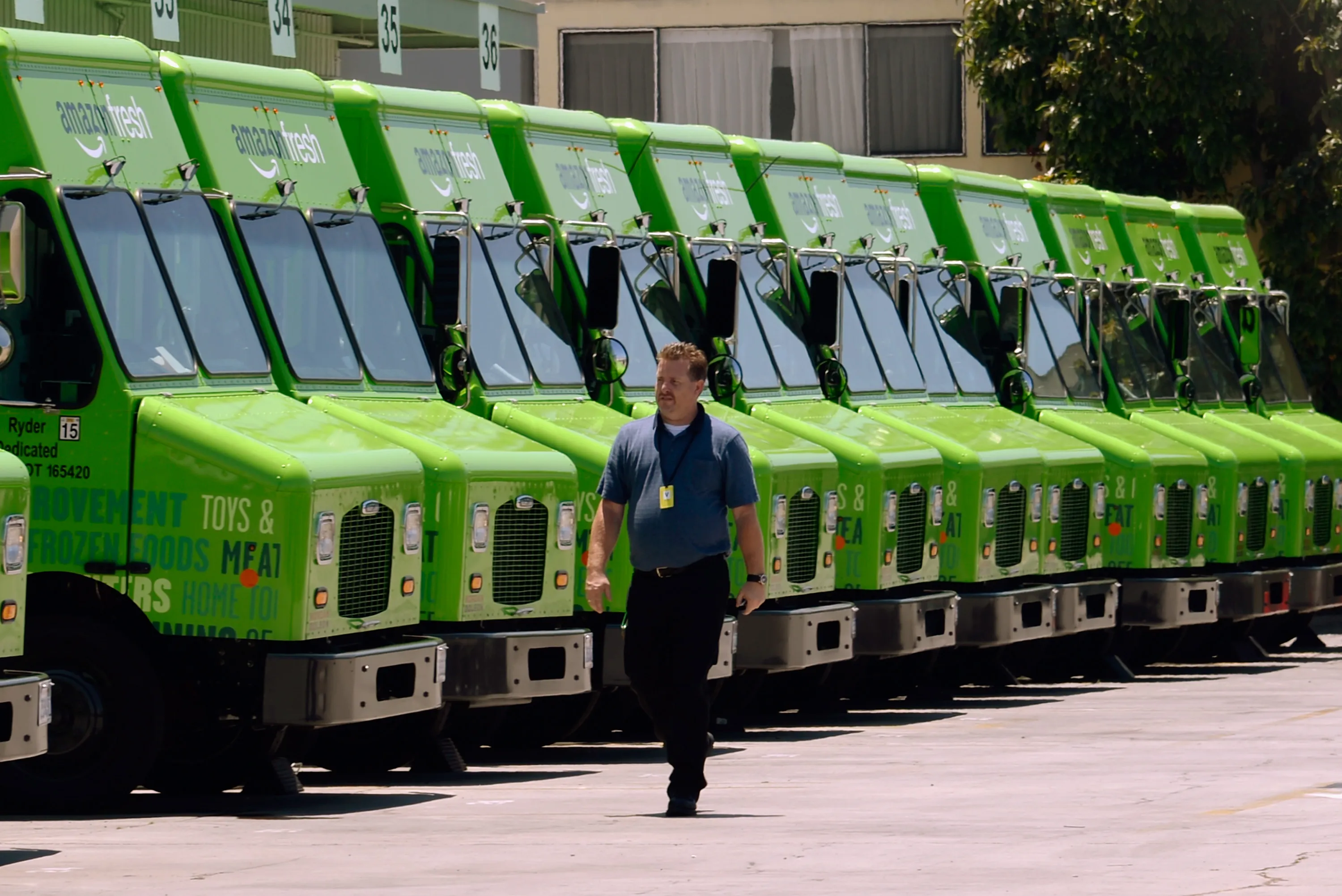 Amazon Fresh trucks at a warehouse&nbsp;in Inglewood, California.&nbsp;