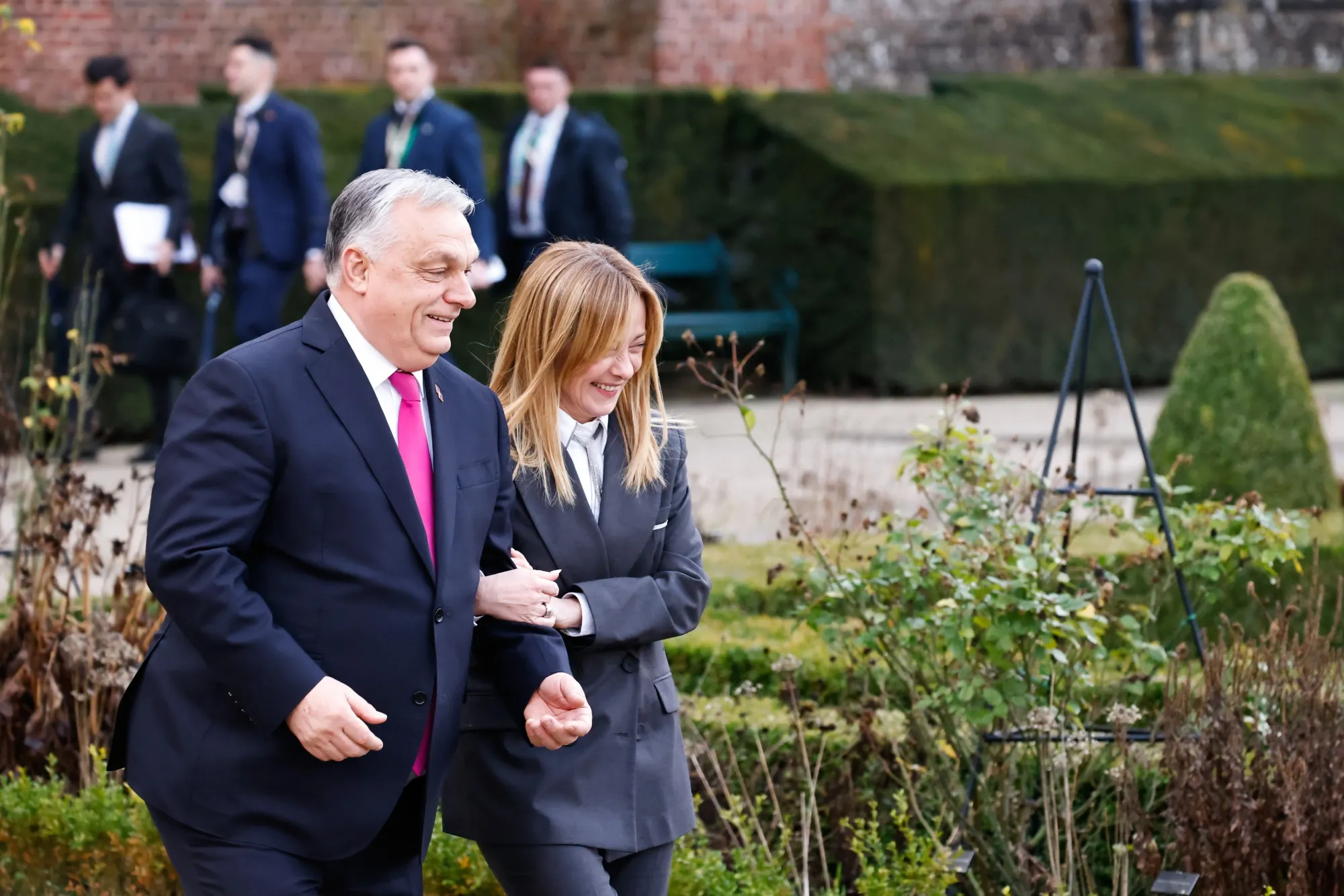 Hungarian Prime Minister Viktor Orban and Italian counterpart Giorgia Meloni at a European Union leaders’ retreat in Rijkhoven, Belgium, on Feb. 12.
