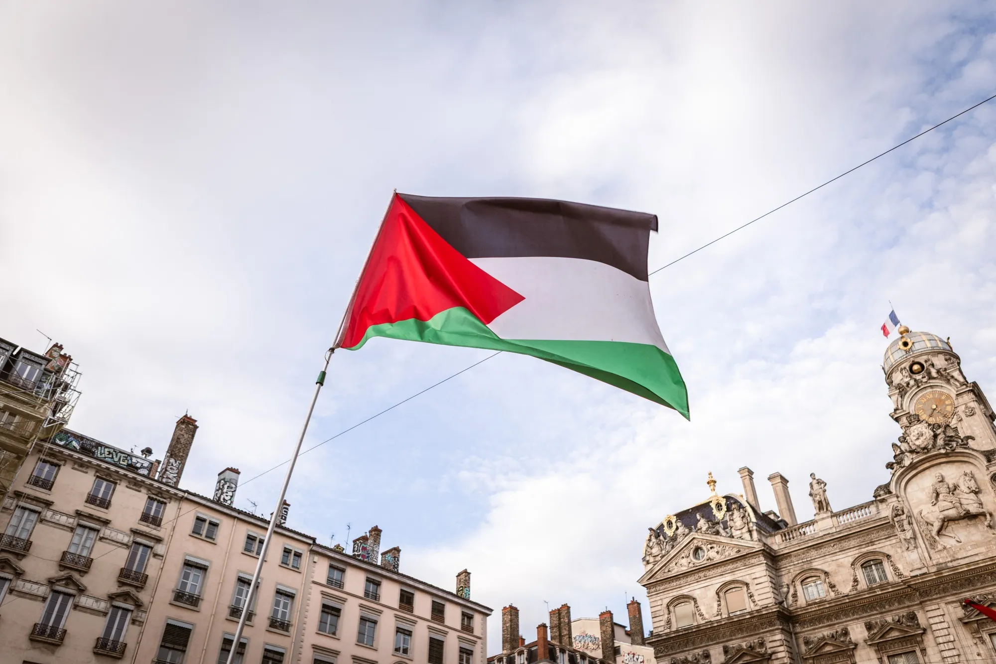 A Palestinian flag at a rally in support of the Palestinian people in Lyon, France, on April 12.