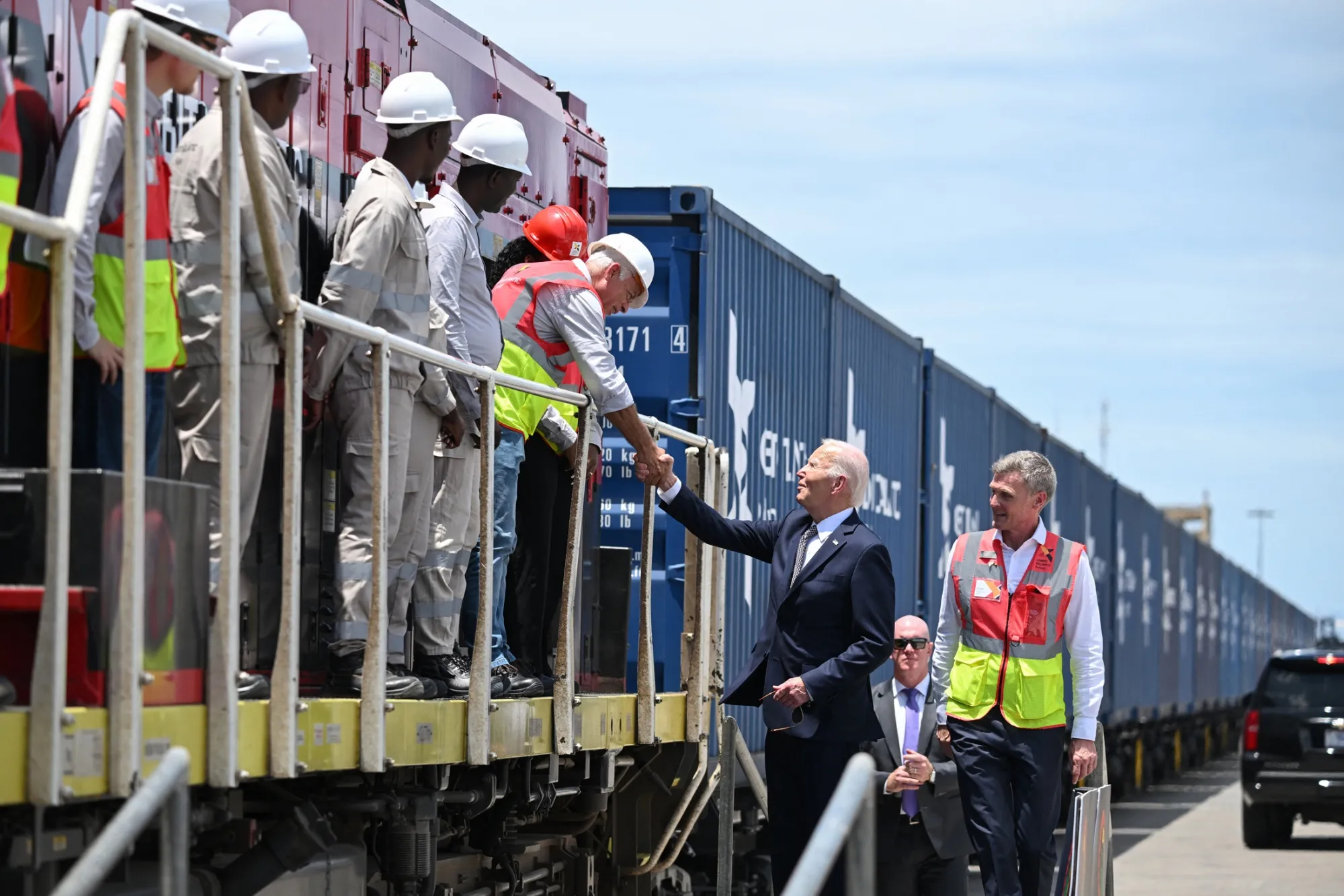 President Joe Biden meets Lobito Atlantic Railway workers at the Port in Lobito, on Dec. 4.