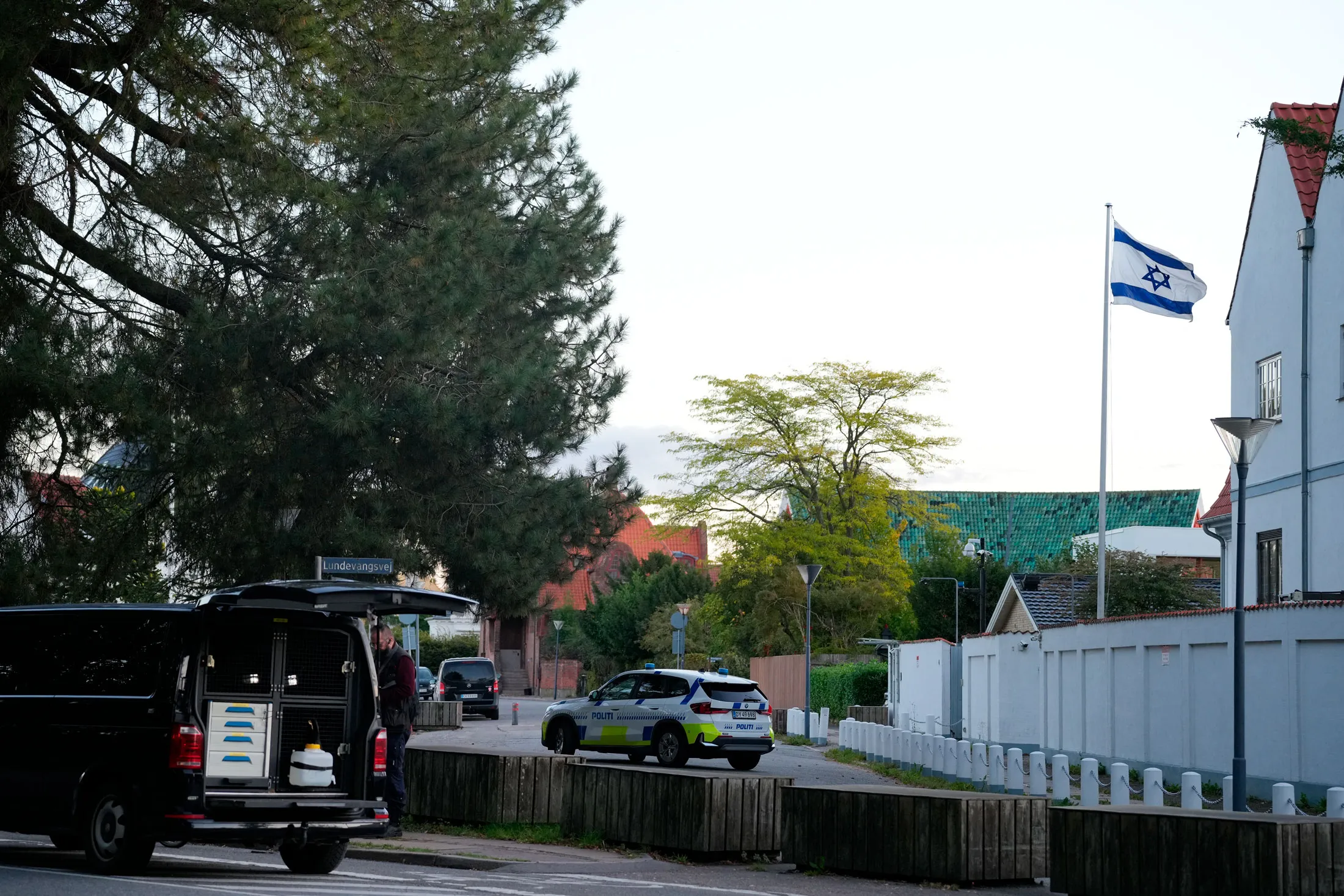 Police secure an area near the Israeli embassy in Copenhagen on Oct. 2.
