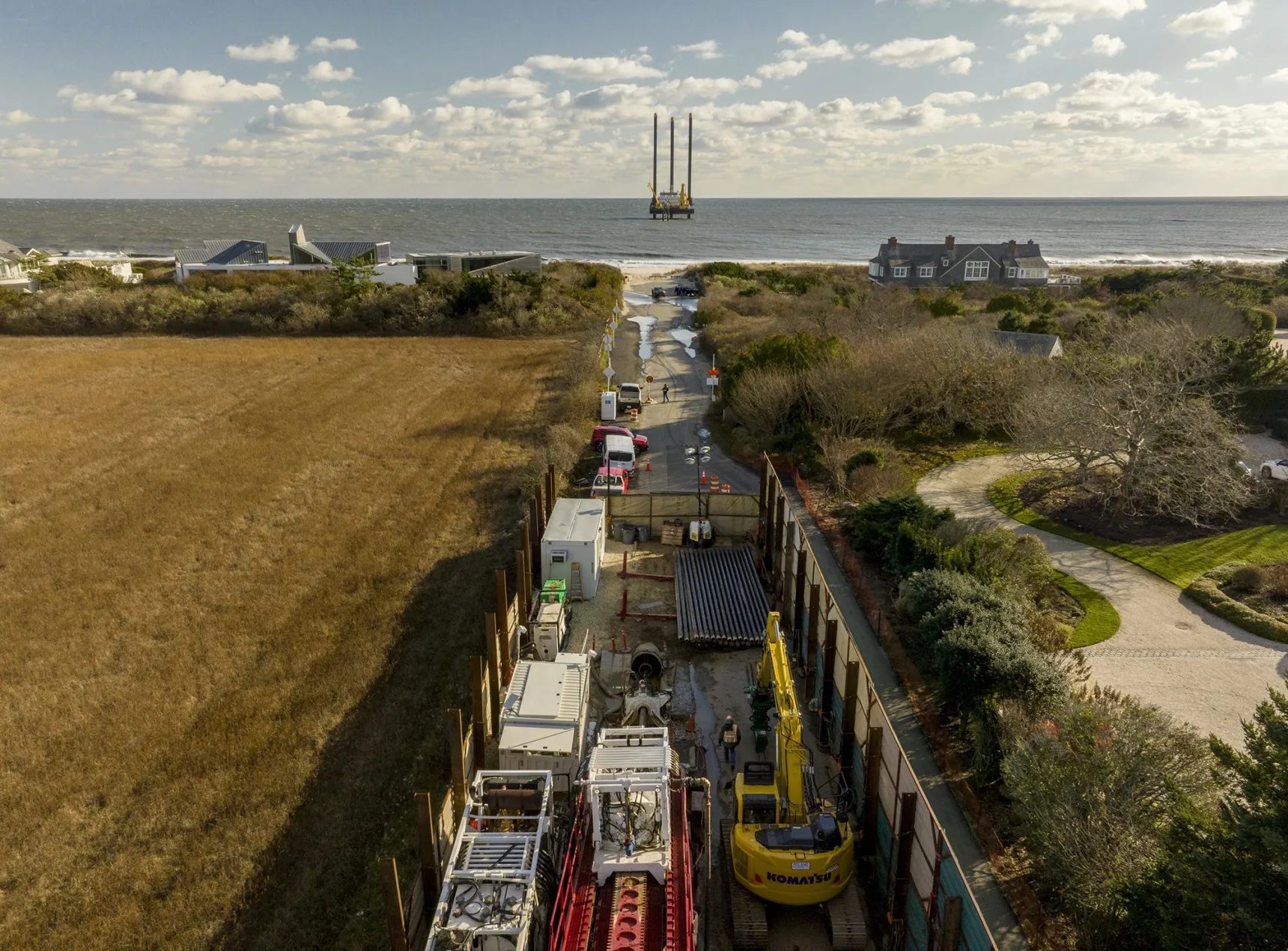 Construction near a lift boat, top center, in Wainscott, New York, on Dec. 1.&nbsp;The South Fork wind farm off&nbsp;eastern Long Island should start generating power&nbsp;in late 2023.