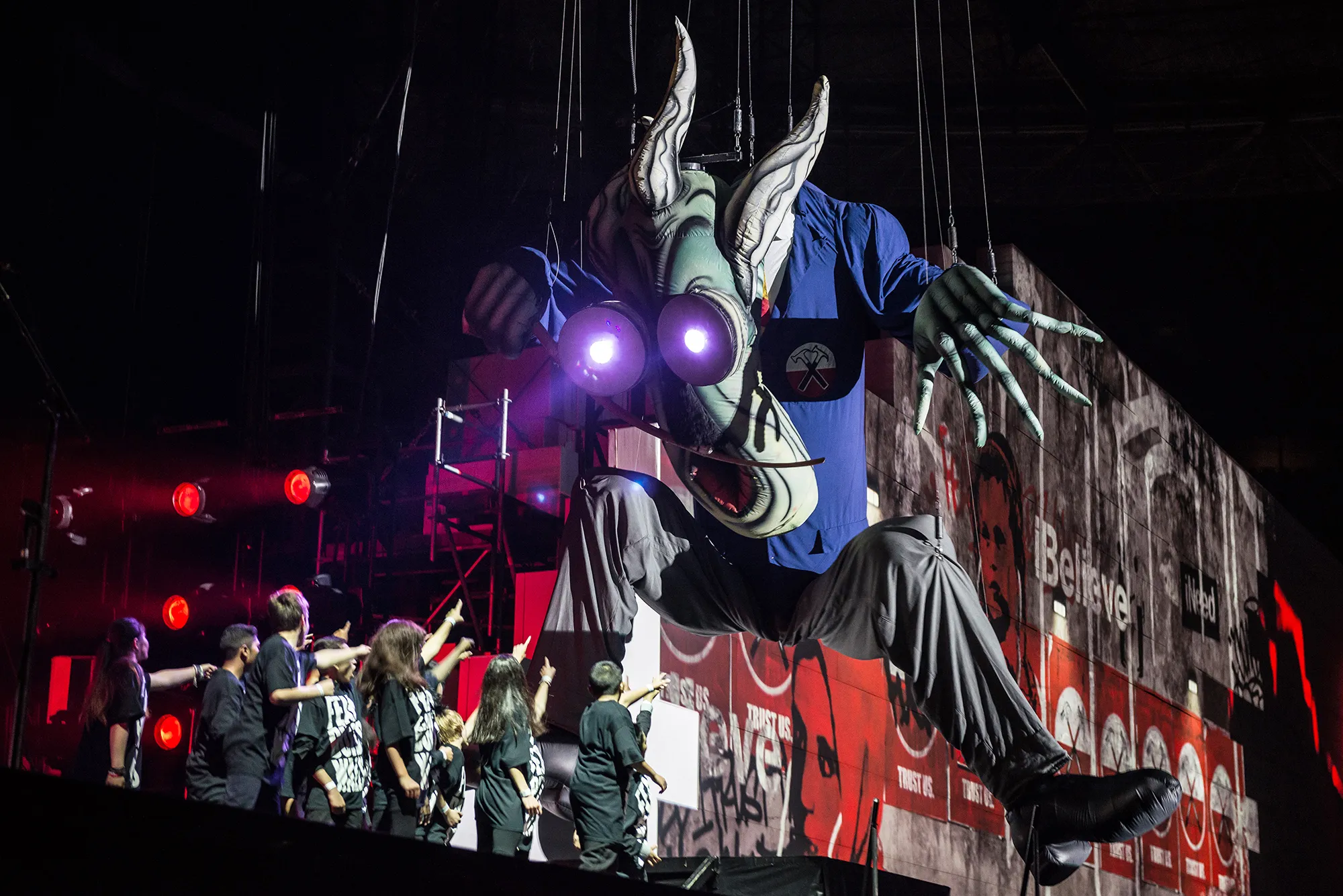 Pink Floyd’s The Wall live on stage with ‘The Schoolmaster’ puppet at Wembley Arena in London in 2013.