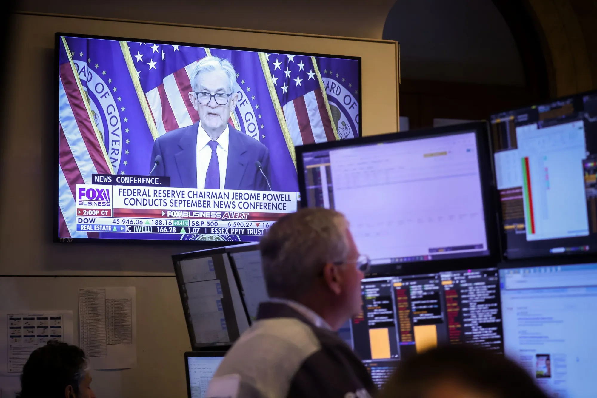 A television station broadcasts Jerome Powell, chairman of the US Federal Reserve, speaking after a Federal Open Market Committee (FOMC) meeting.