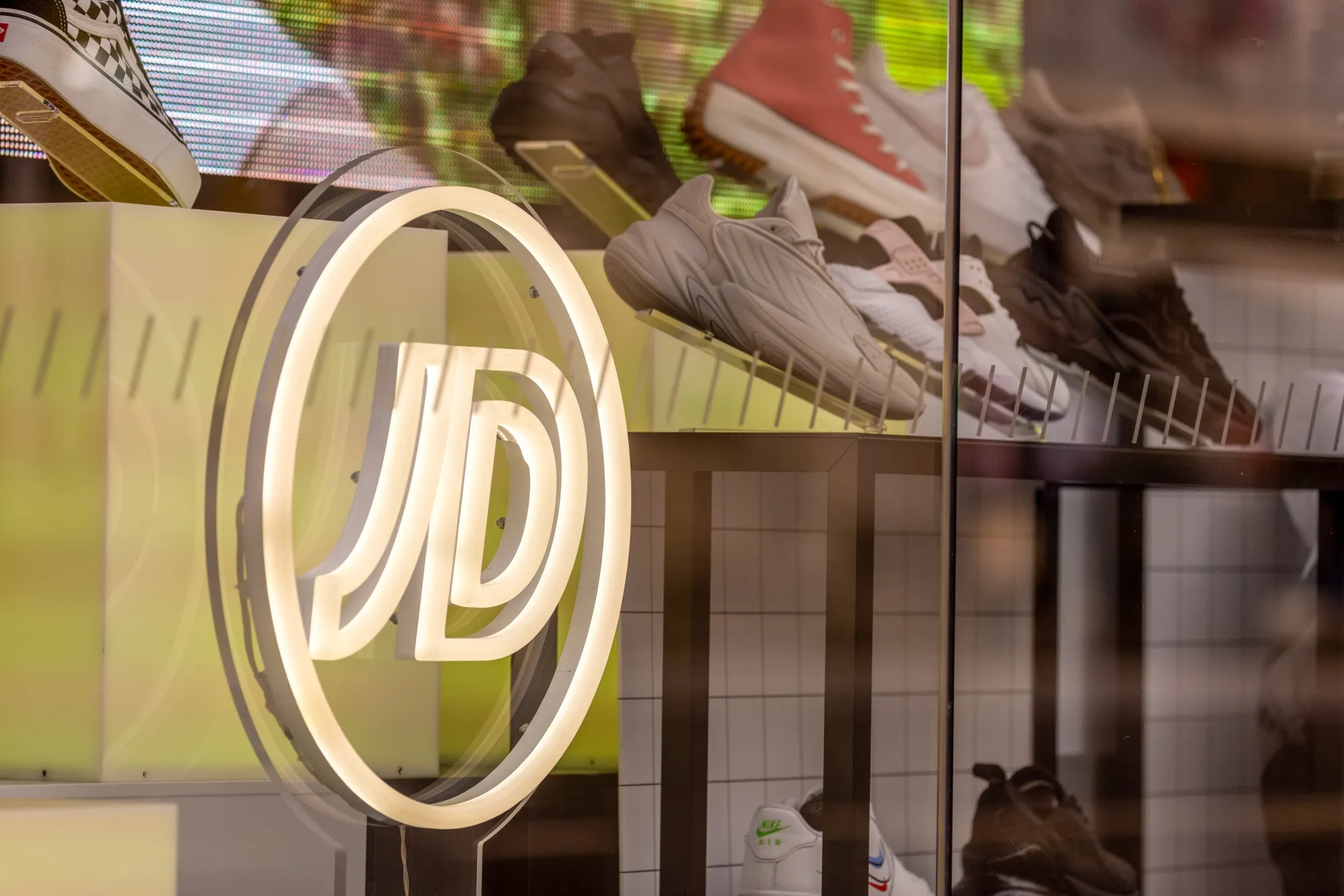 A display in the window of a JD Sports Fashion Plc store on Oxford Street in London, U.K.