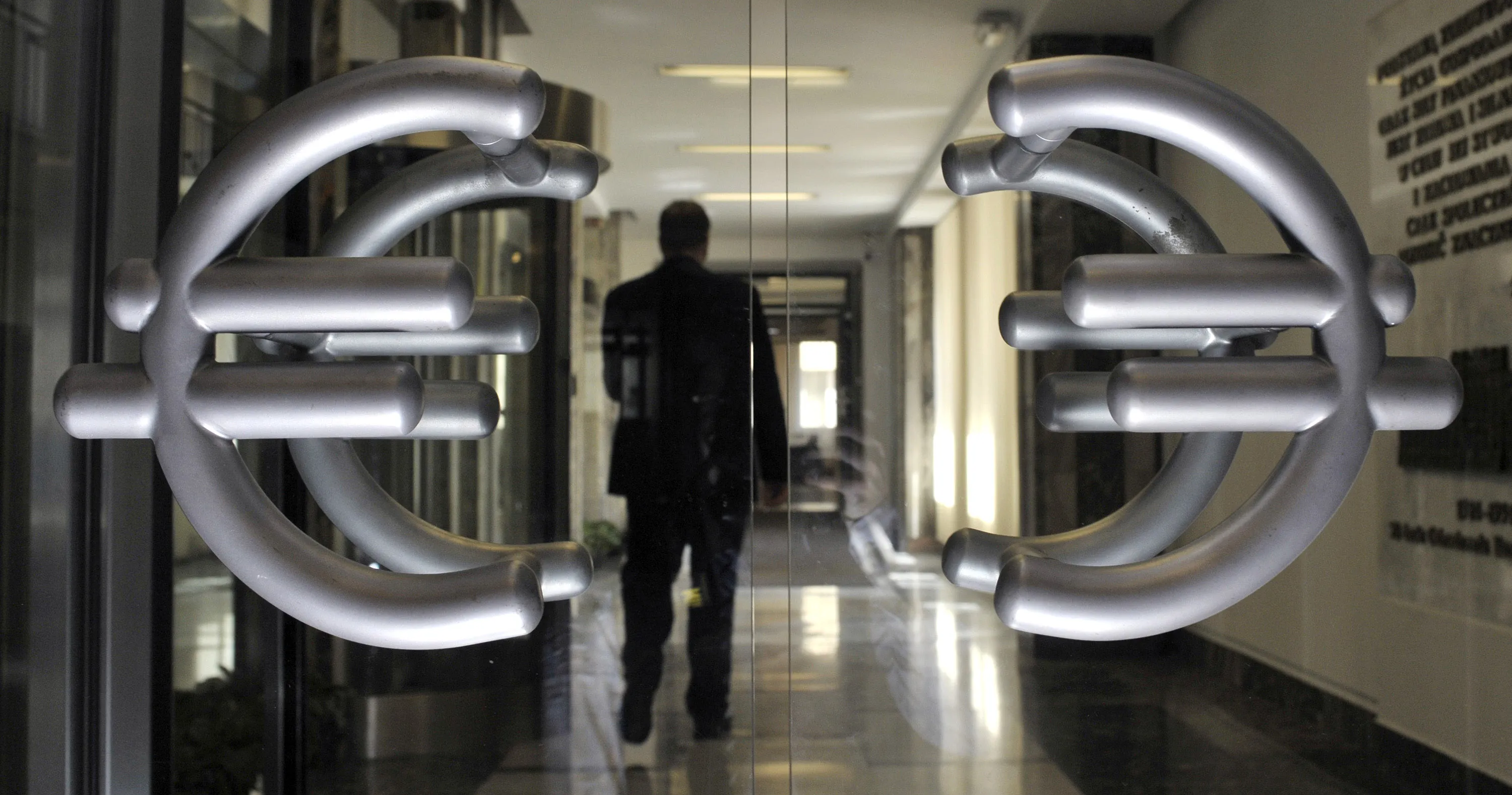 Euro symbol door handles inside Poland's central bank building in Warsaw.