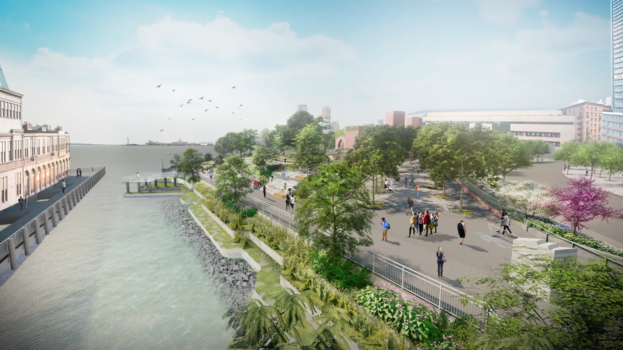 The reimagined Pier A Plaza in Battery Park City is designed to be periodically inundated — and to protect the billions of dollars worth of real estate behind it.