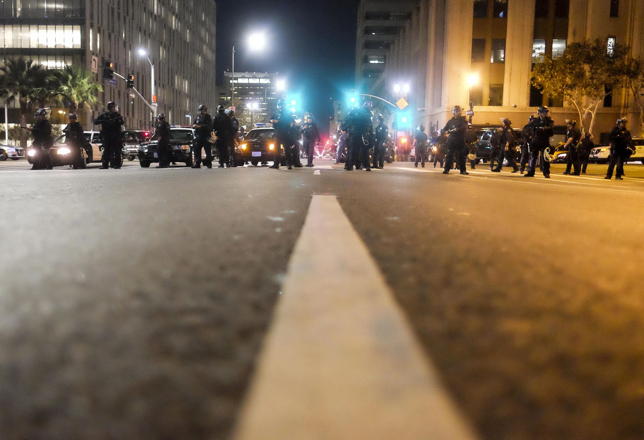 Riot police stand guard during a protest against Donald Trump in Los Angeles on Nov. 13.
