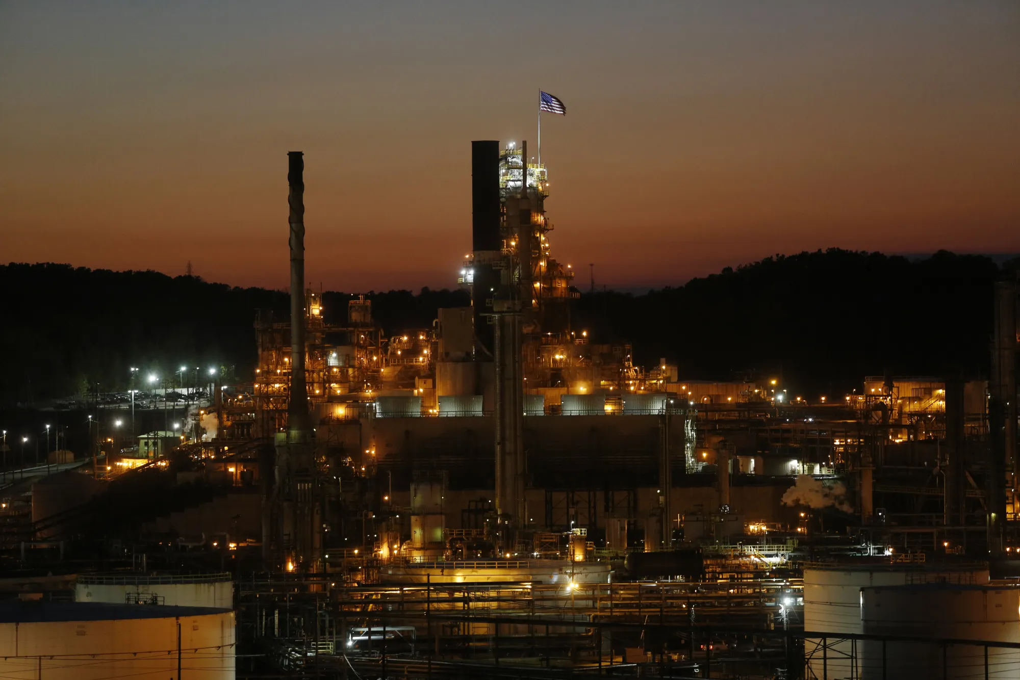 An American flag flies at a gas refinery in Kentucky.
