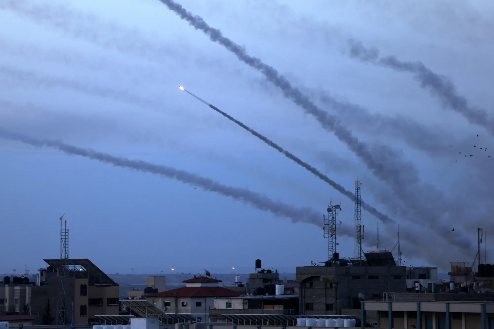 Rockets are fired from Gaza City towards Israel on Oct.&nbsp;7.
