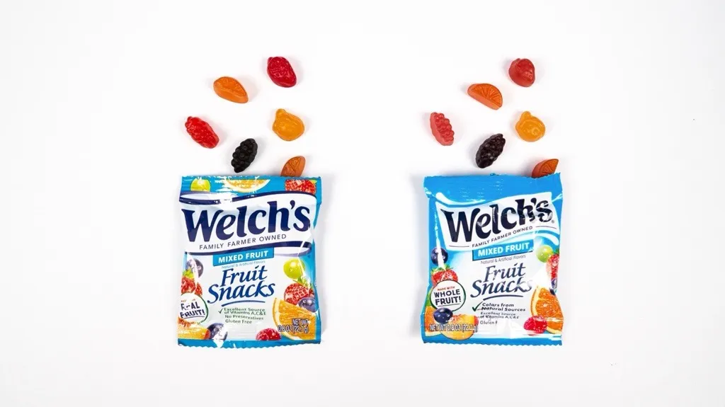 Welch’s Fruit Snacks made with synthetic dyes, left, and natural dyes, right.