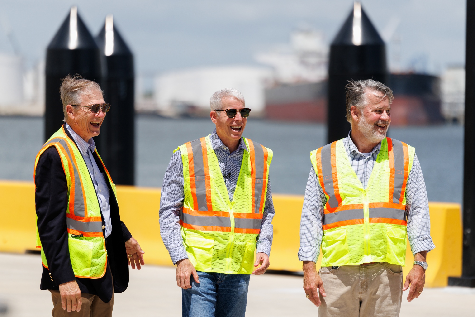 Chris Wright, US energy secretary, and Representative Brian Babin, a Republican from Texas, during a tour of the Bayport Container Terminal at the Port of Houston in Seabrook, Texas, US, on Friday, June 12, 2026. The US trade deficit narrowed in April as a surge in oil exports helped offset ongoing increases in imports of equipment powering the data center buildout. Photographer: Mark Felix/Bloomberg