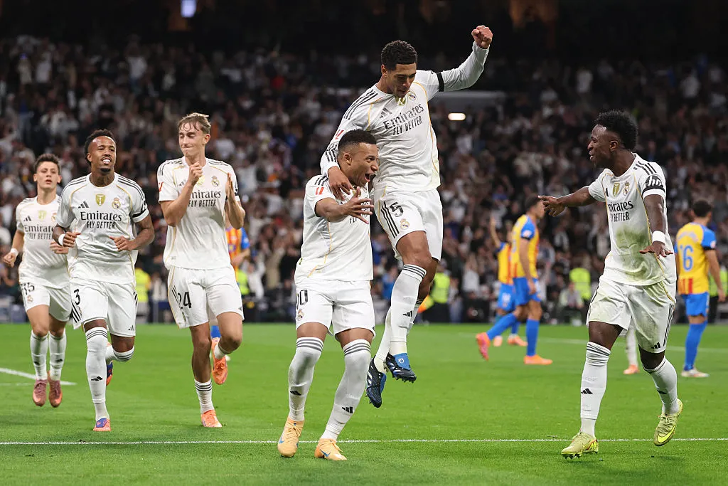 Real Madrid's Kylian Mbappe celebrates scoring during the Spanish League football match between Real Madrid CF and Valencia CF.