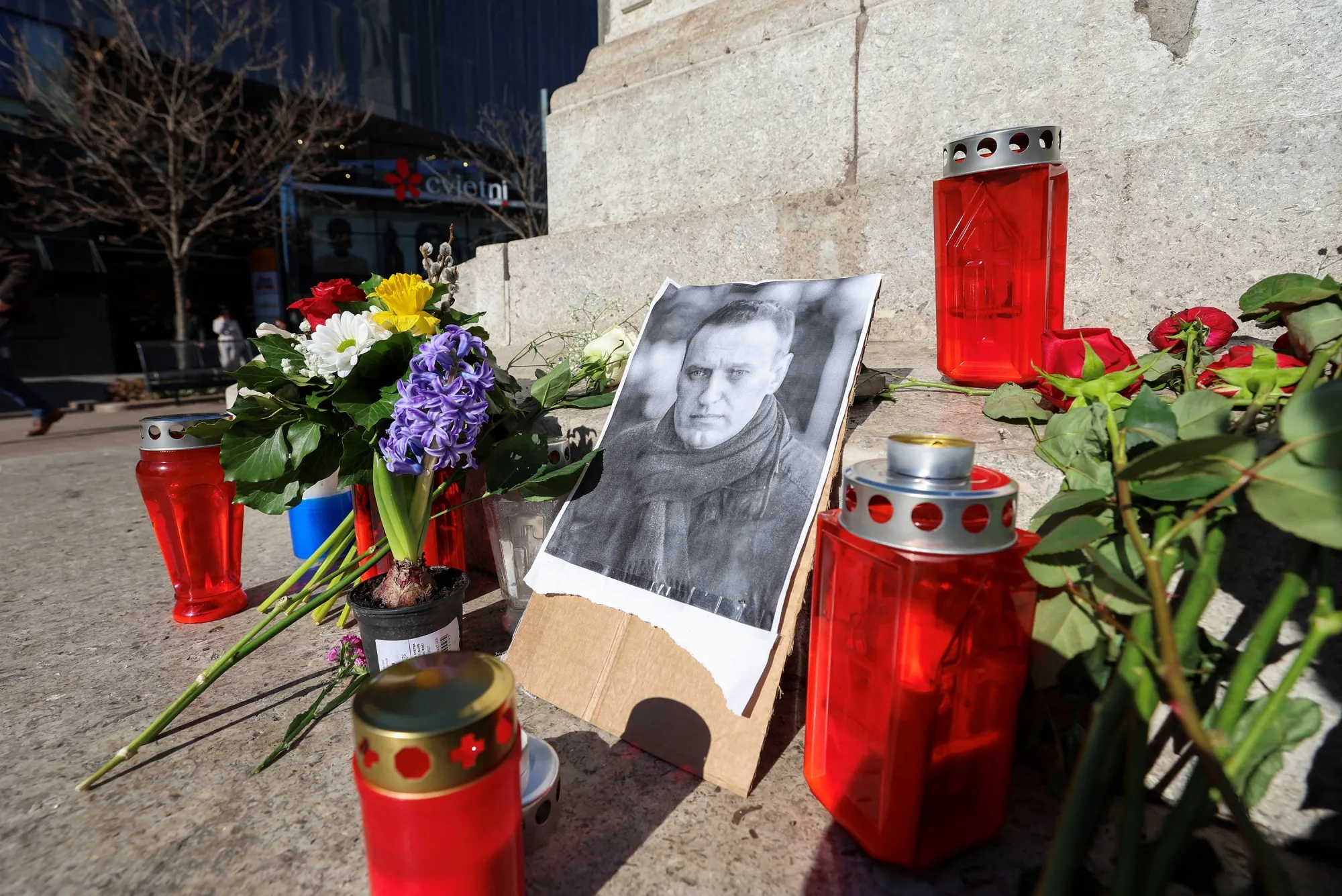 Flowers and candles at a memorial for Alexey Navalny in Zagreb, Croatia, on Feb. 20.
