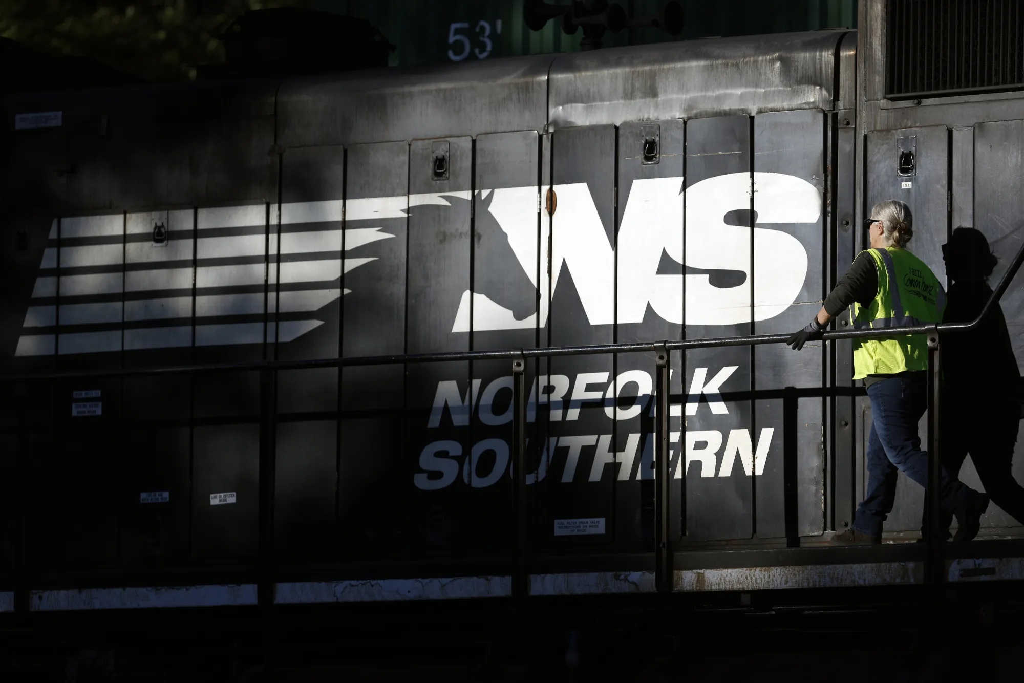 A conductor checks a Norfolk Southern&nbsp;freight locomotive&nbsp;in Burnside, Kentucky.