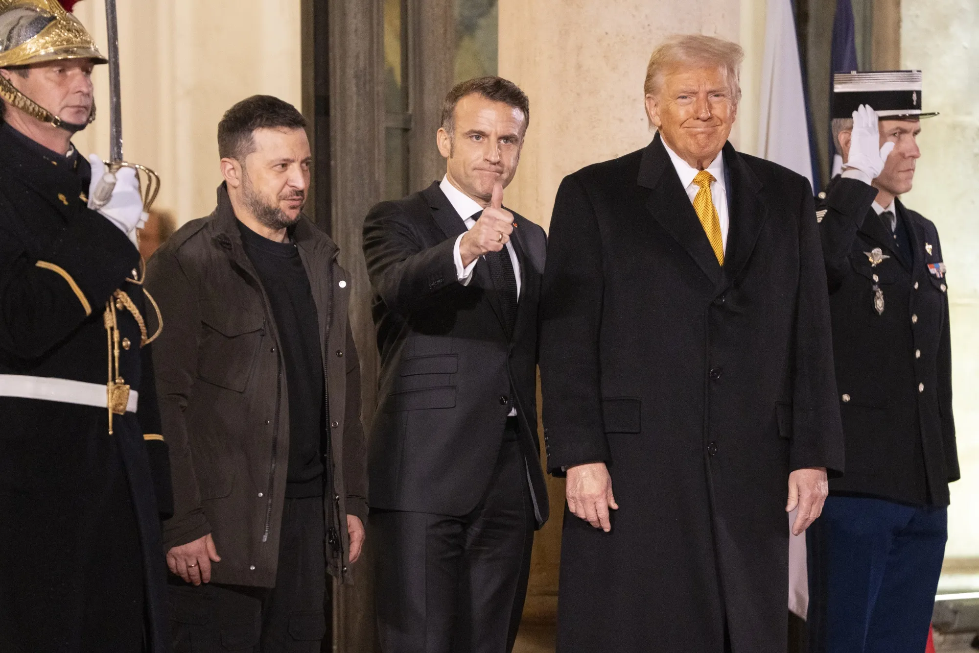 Volodymyr Zelenskiy, from left, Emmanuel Macron and&nbsp;Donald Trump depart The Elysee Presidential Palace&nbsp;in Paris&nbsp;on&nbsp;Dec. 7.