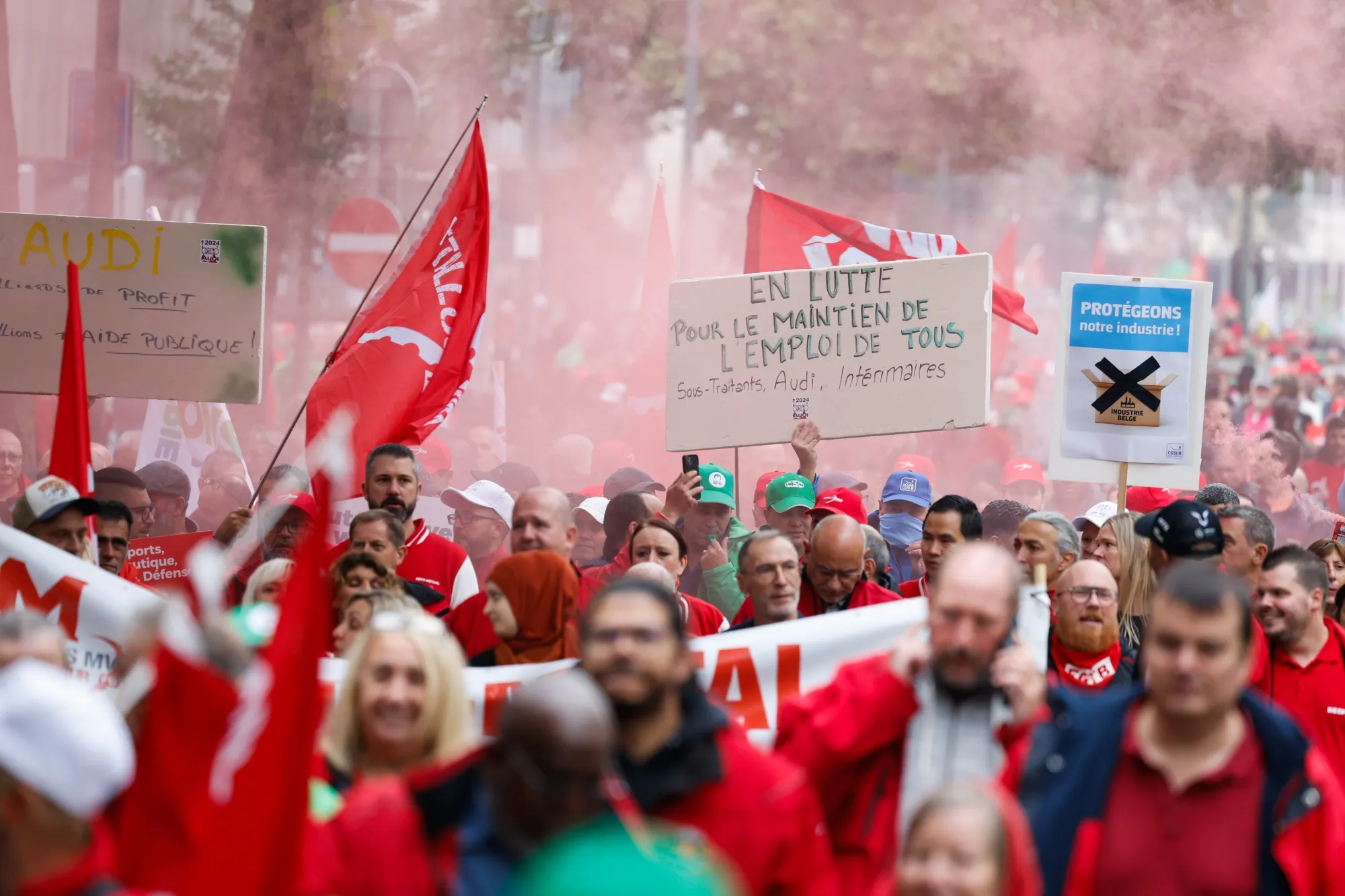 Protesters during a demonstration over the potential closure of an Audi plant in Brussels, on Sept. 16.