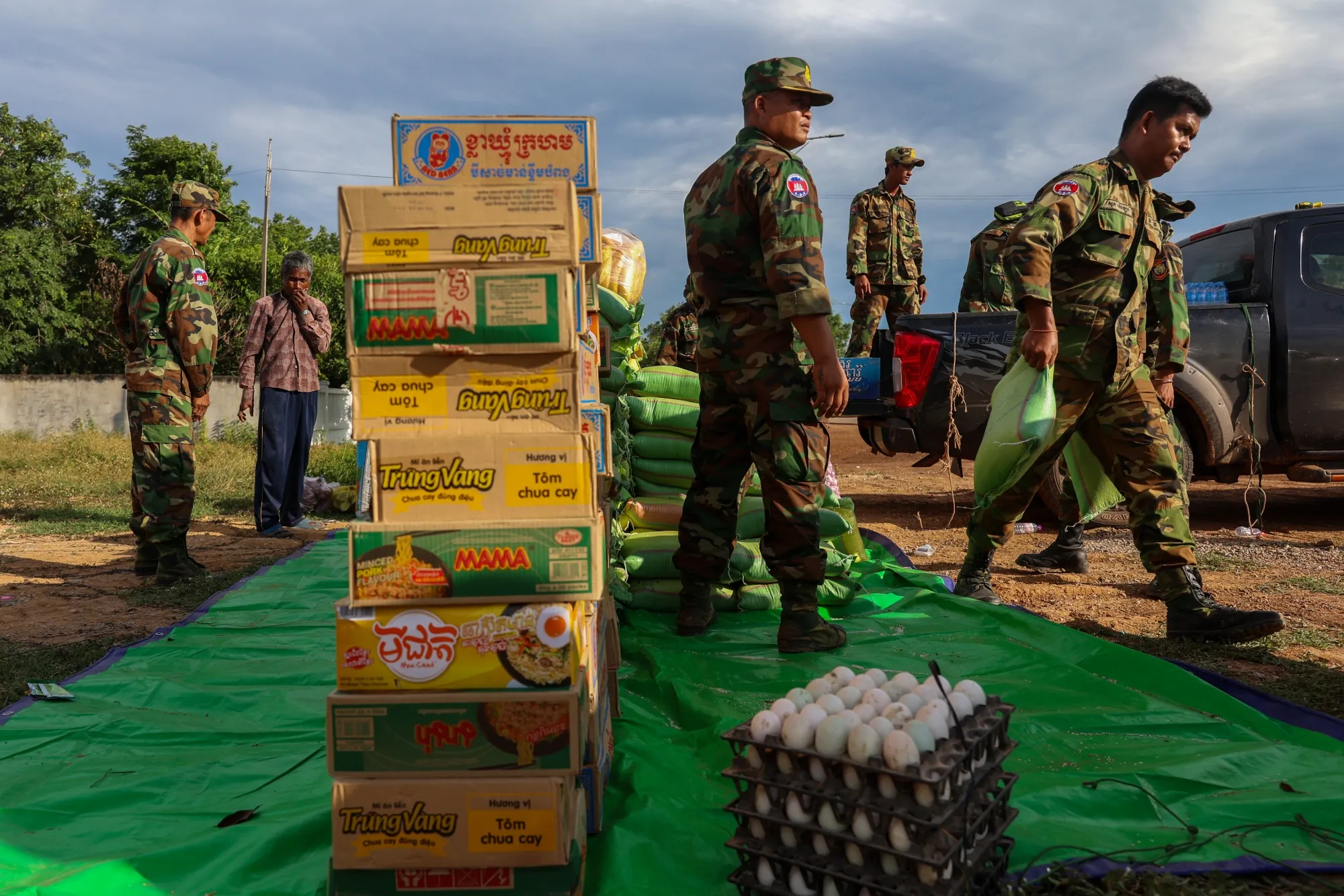 Cambodian soldiers move supplies donated by monks in Cambodia, on July 29.