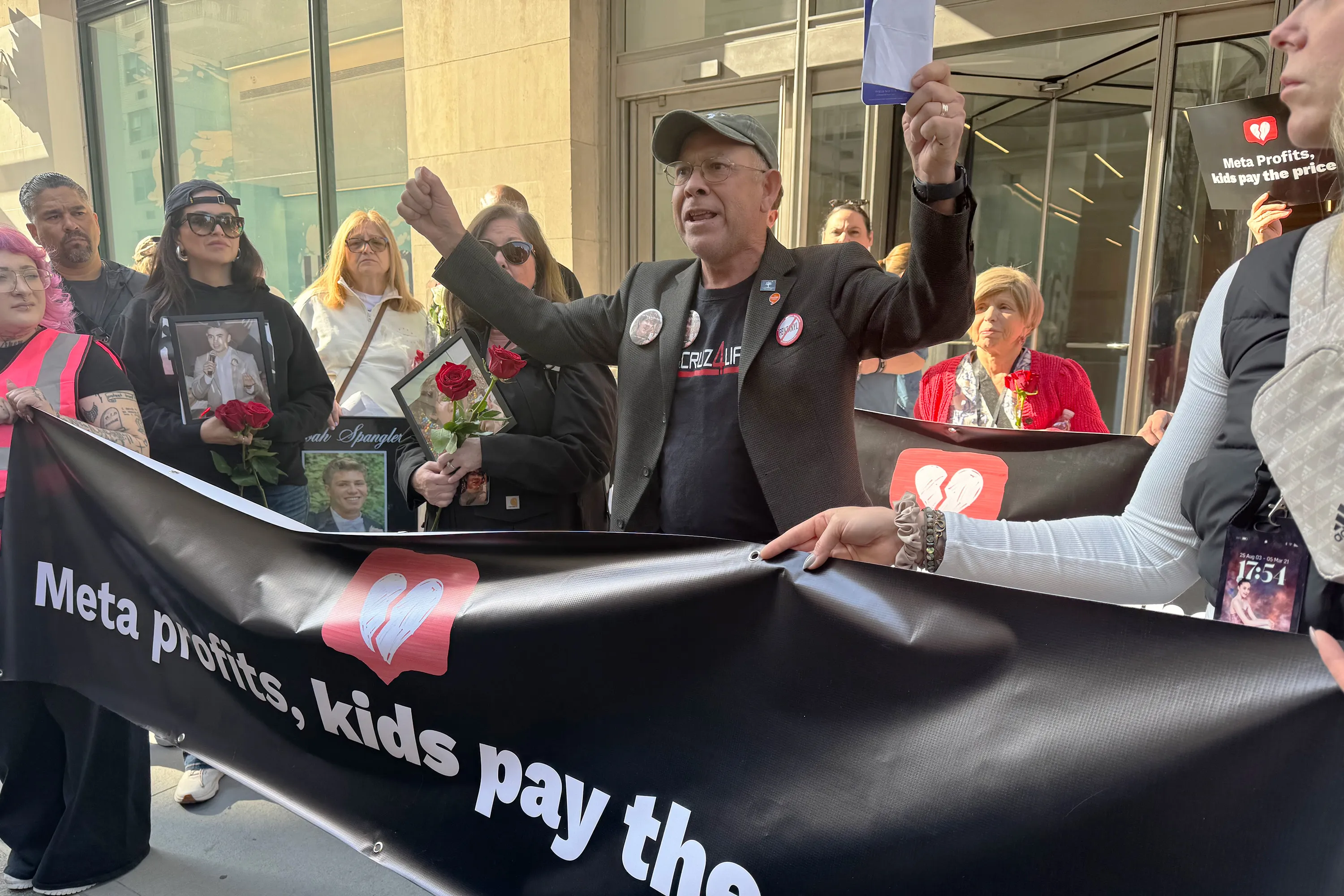 Andy Burris, who lost his 15-year-old son Cruz, during a rally outside Meta headquarters in New York on April 24.