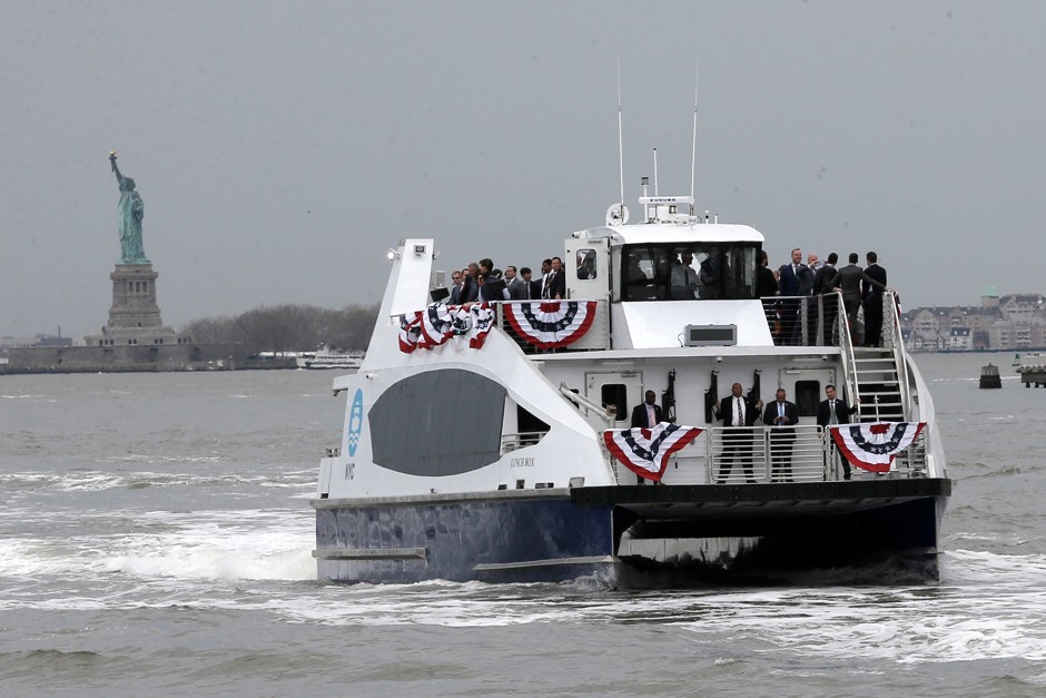 The first of a planned fleet of 20 new NYC ferries makes its maiden voyage in New York Harbor.  