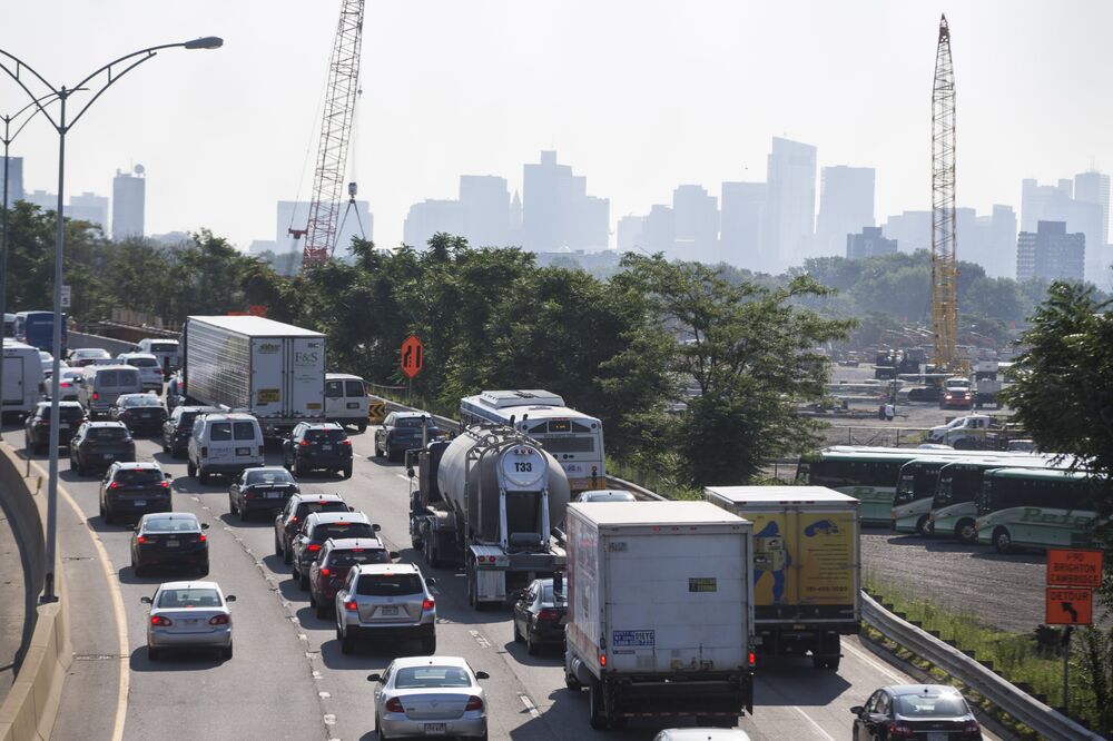 Traffic backs up along the Massachusetts Turnpike in the Allston neighborhood of Boston in 2017, where foes of an aging viaduct are hoping for federal help. 