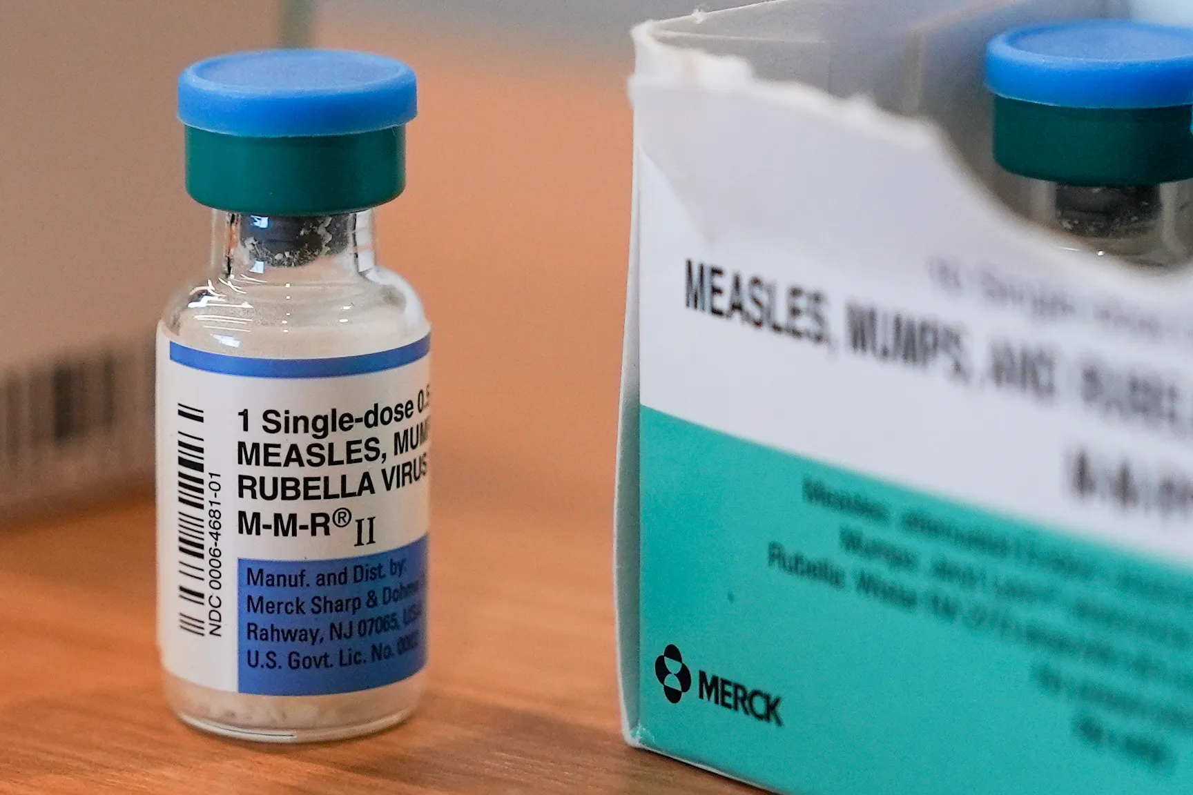 A vial of the measles, mumps and rubella vaccine at the Lubbock Health Department in Lubbock, Texas, on Feb. 26.