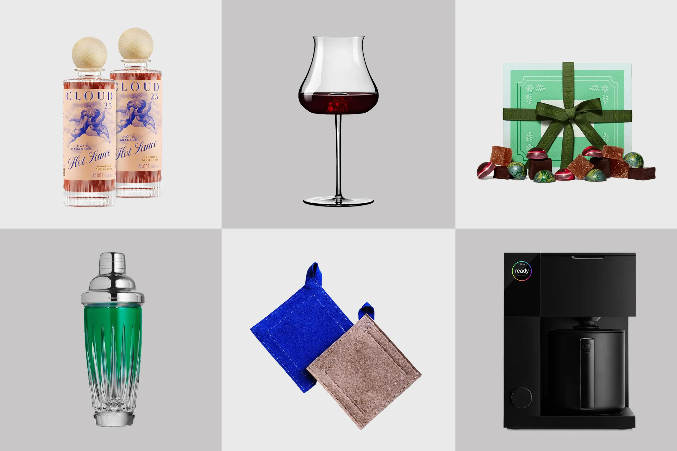 Top gifts for foodies and cocktail enthusiasts include, from top left, a Beckham’s hot sauce; aerodynamic wine glasses; luscious bon bons; a precision coffee maker; stylish pot holders; and a centerpiece cocktail shaker.&nbsp;&nbsp;&nbsp;