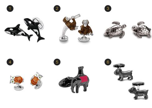 (1) Sterling silver orca whale cufflinks, Jan Leslie, $450, janleslie.com; (2) Enamel monkey cufflinks, Deakin & Francis, $710, deakinandfrancis.co.uk; (3) Turtle cufflinks, Patrick Mavros, $201, patrickmavros.com; Sterling silver enamel owl cufflinks, Scully & Scully, $395, scullyandscully.co.uk; (5) Elephant and castle cufflinks, Thomas Pink, $135, thomaspink.com, (6) Pursuits bulldog cufflinks, Simon Carter, $90, cufflinks.com