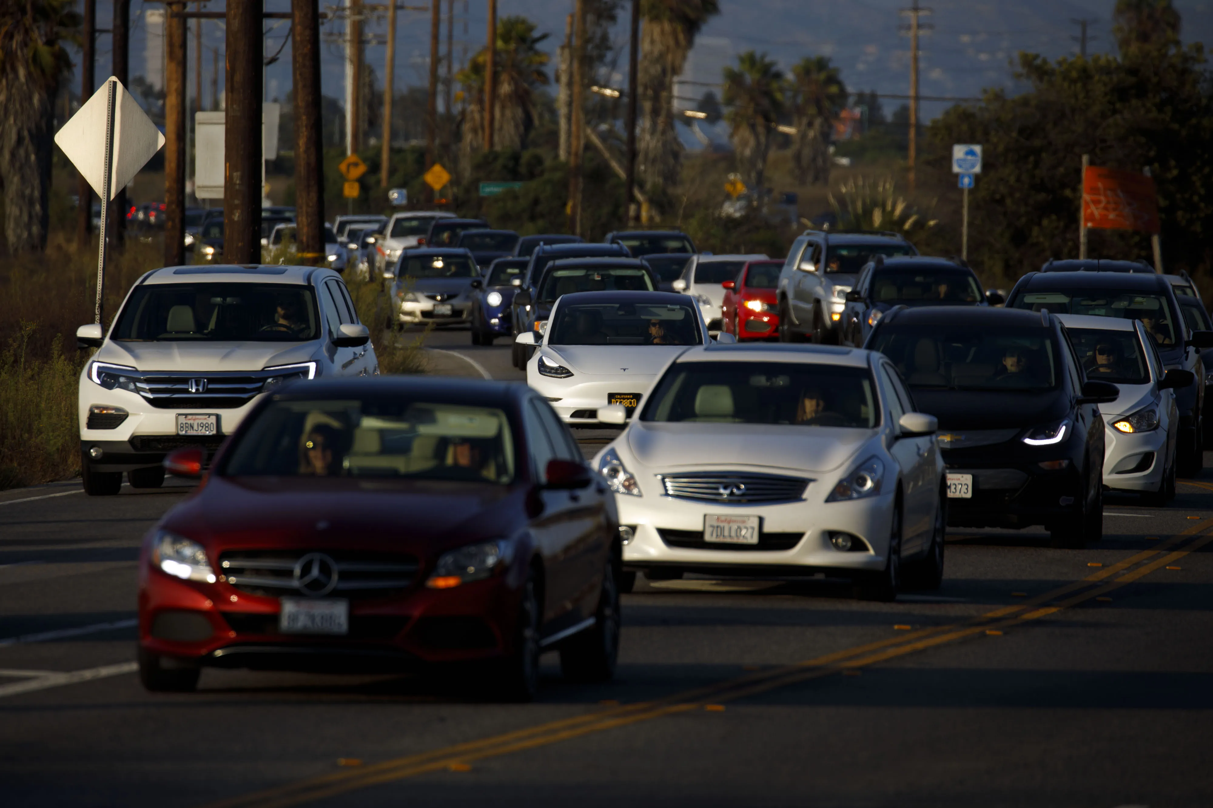 A Tesla&nbsp;Model 3 electric vehicle in Los Angeles traffic.
