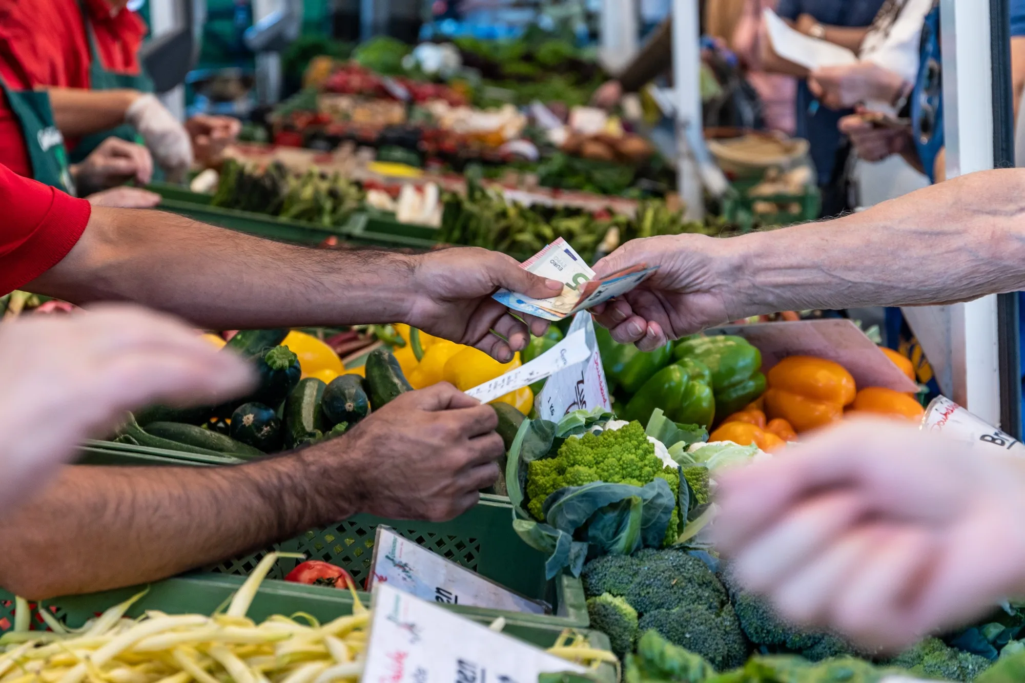 A customer hands over Euro banknotes for groceries at a market in Hamburg, Germany.