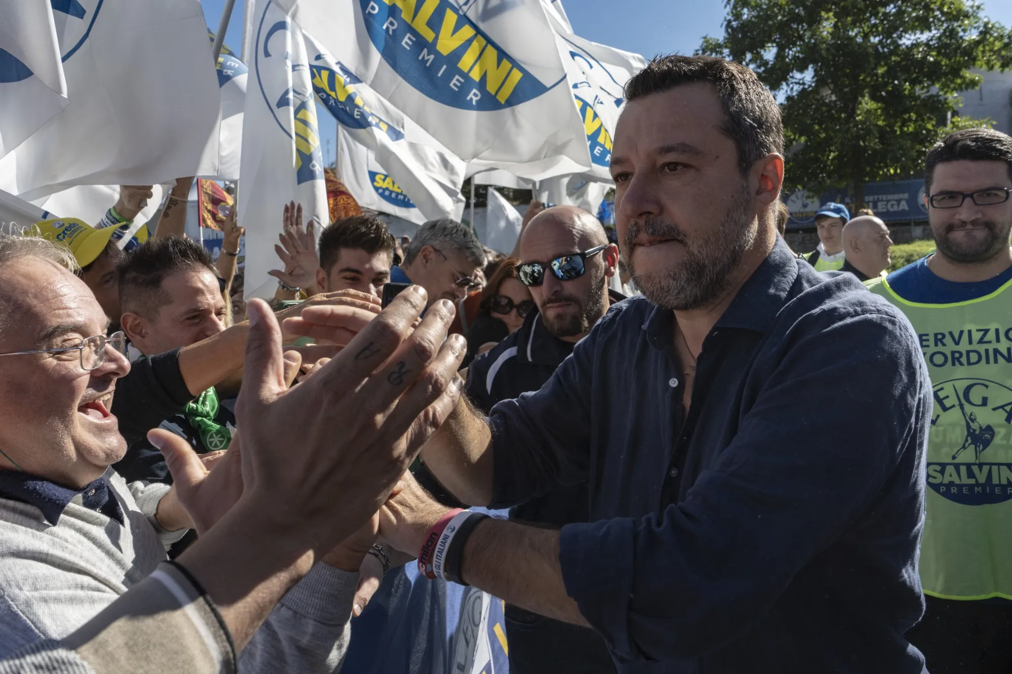 Matteo Salvini greets supporters during a campaign rally in Pontida, Italy, on Sept. 18.