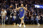 Golden State Warriors guard Stephen Curry (30) celebrates after making a 3-point basket against the Indiana Pacers during the first half of an NBA basketball game in San Francisco, Thursday, Jan. 20, 2022. (AP Photo/Jed Jacobsohn)