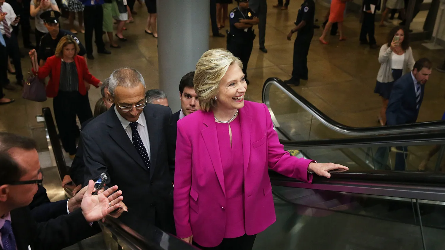 Democratic U.S. presidential hopeful and former U.S. Secretary of State Hillary Clinton rides anÊescalator betweenÊmeetings at the US Capitol July 14, 2015 on Capitol Hill in Washington, DC.
