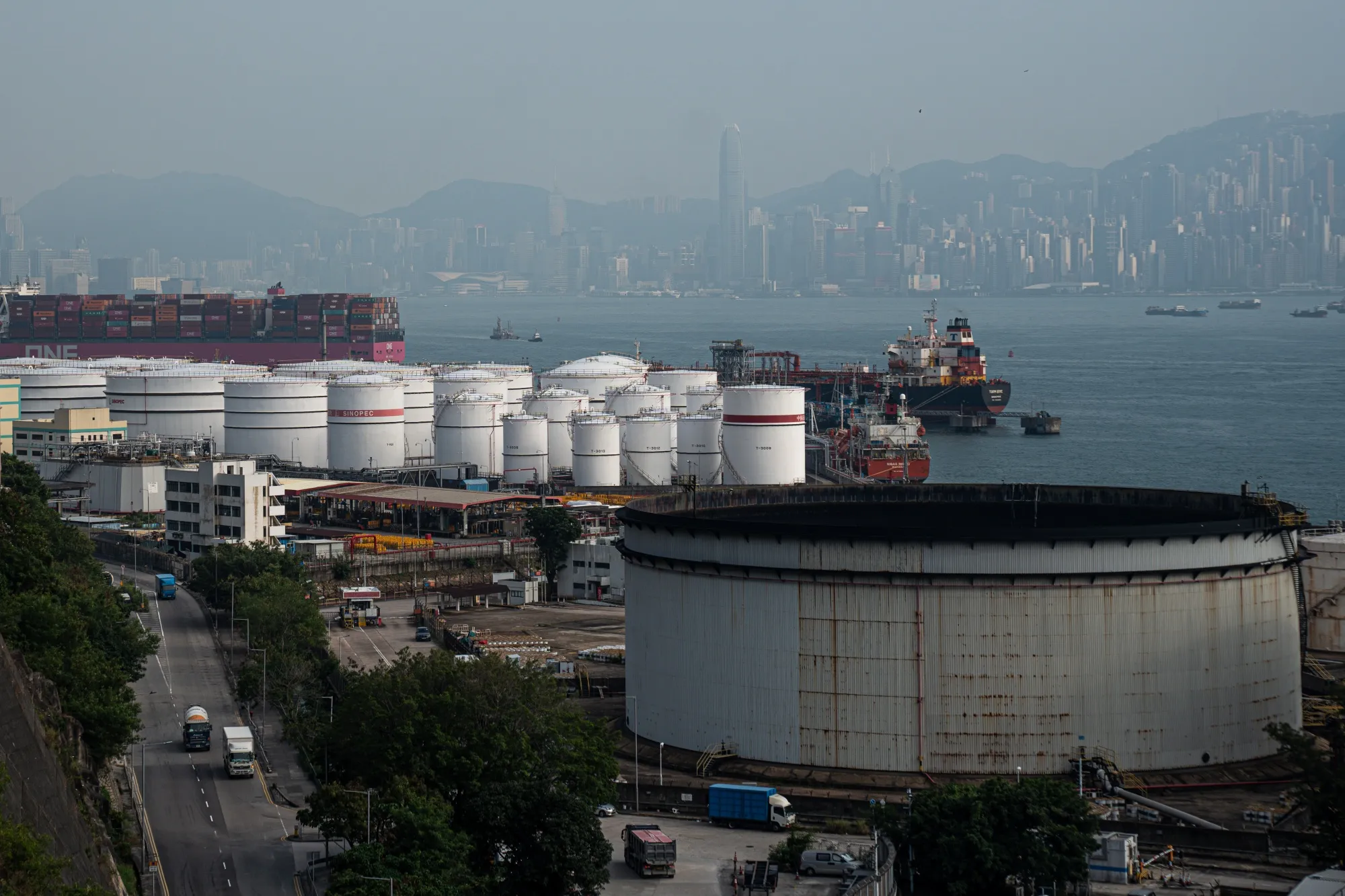 Sinopec storage tanks at the container terminal in Hong Kong.