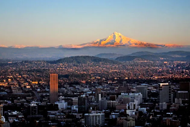 Late light illuminates Mt Hood with Portland, Oregon in the foreground