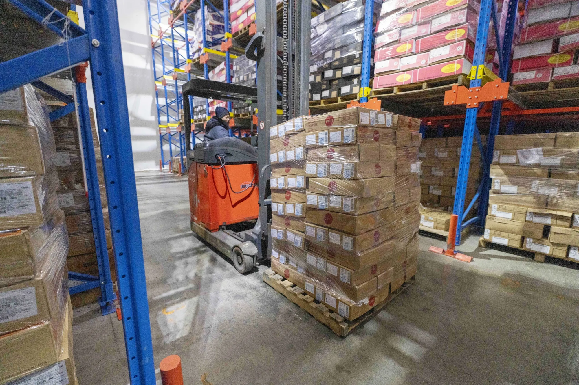 Boxes of imported pork from the US at a cold storage warehouse in Shanghai.
