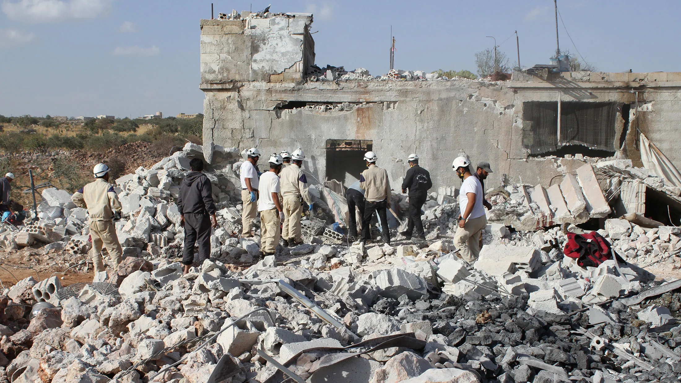 Wreckage of buildings at the site of the alleged Russian airstrikes targeting the Jabal al-Zawiya town of Idlib, Syria on Oct. 3, 2015.

