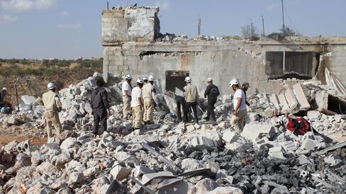 Wreckage of buildings at the site of the alleged Russian airstrikes targeting the Jabal al-Zawiya town of Idlib, Syria on Oct. 3, 2015.