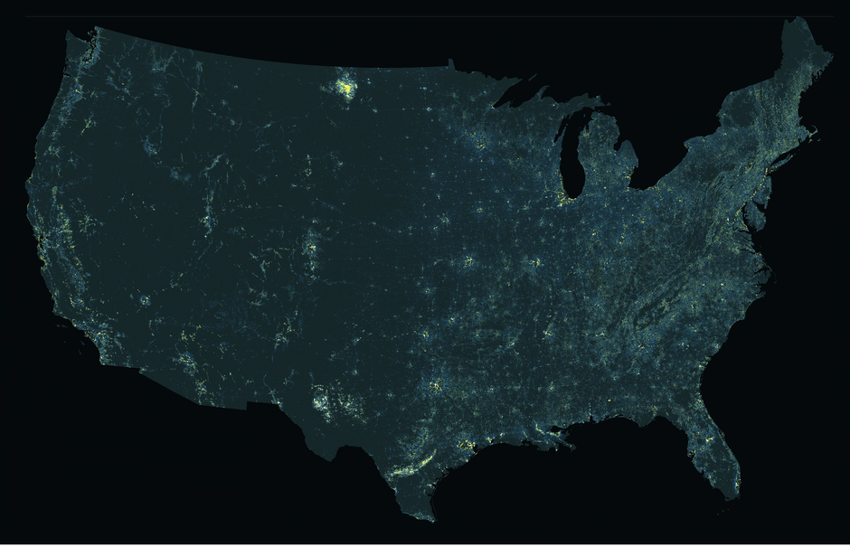 When nighttime data is adjusted for population, certain areas outside cities stand out.