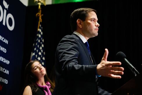 Republican presidential candidate Marco Rubio, flanked by his family, speaks to supporters at a primary night rally on March 15, 2016, in Miami.