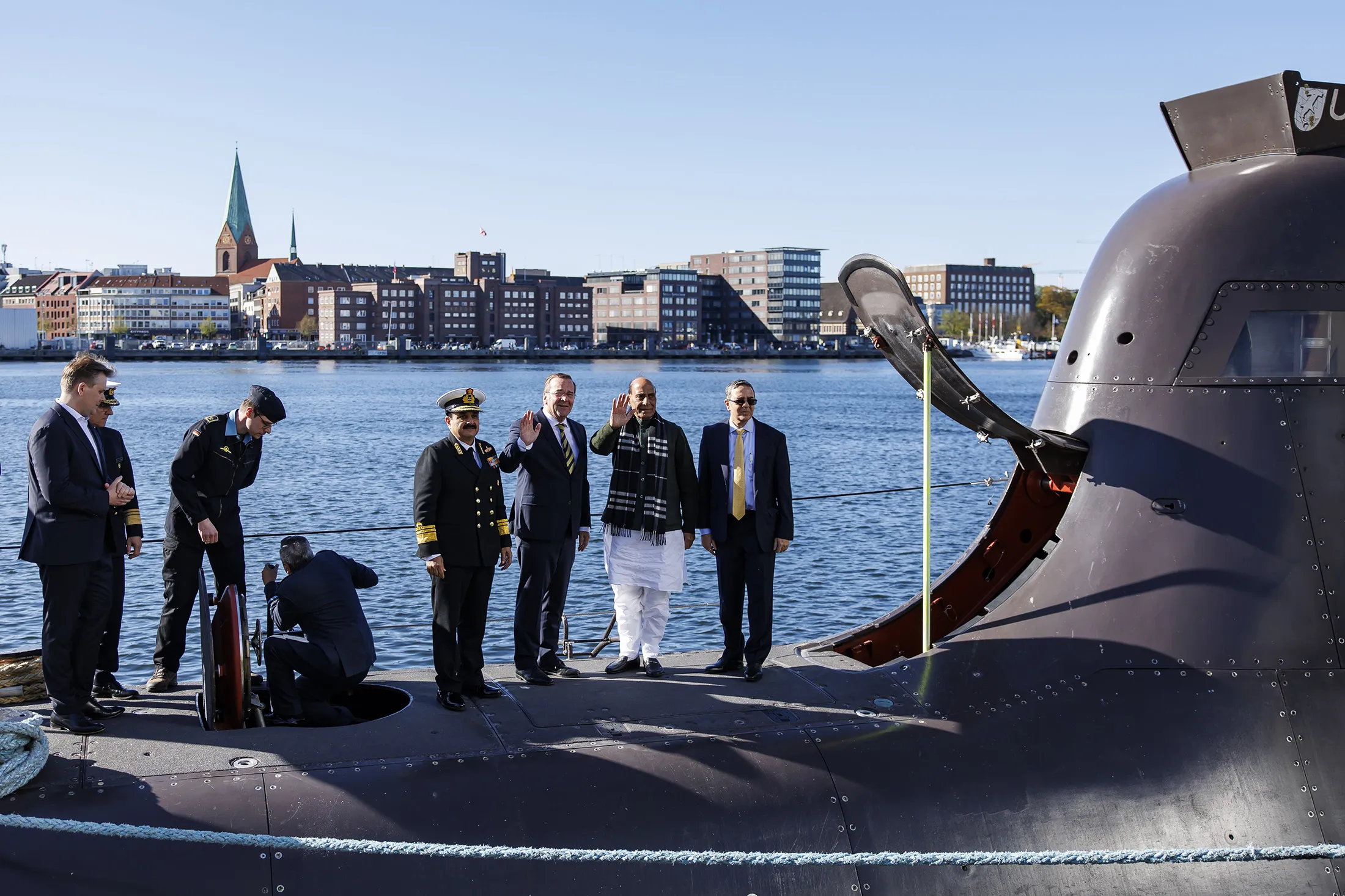 German Defense Minister Boris Pistorius, center left, Indian Defense Minister Rajnath Singh, center right, visit the Thyssenkrupp Marine Systems (TKMS) submarine shipyard in Kiel, Germany, on April 22.