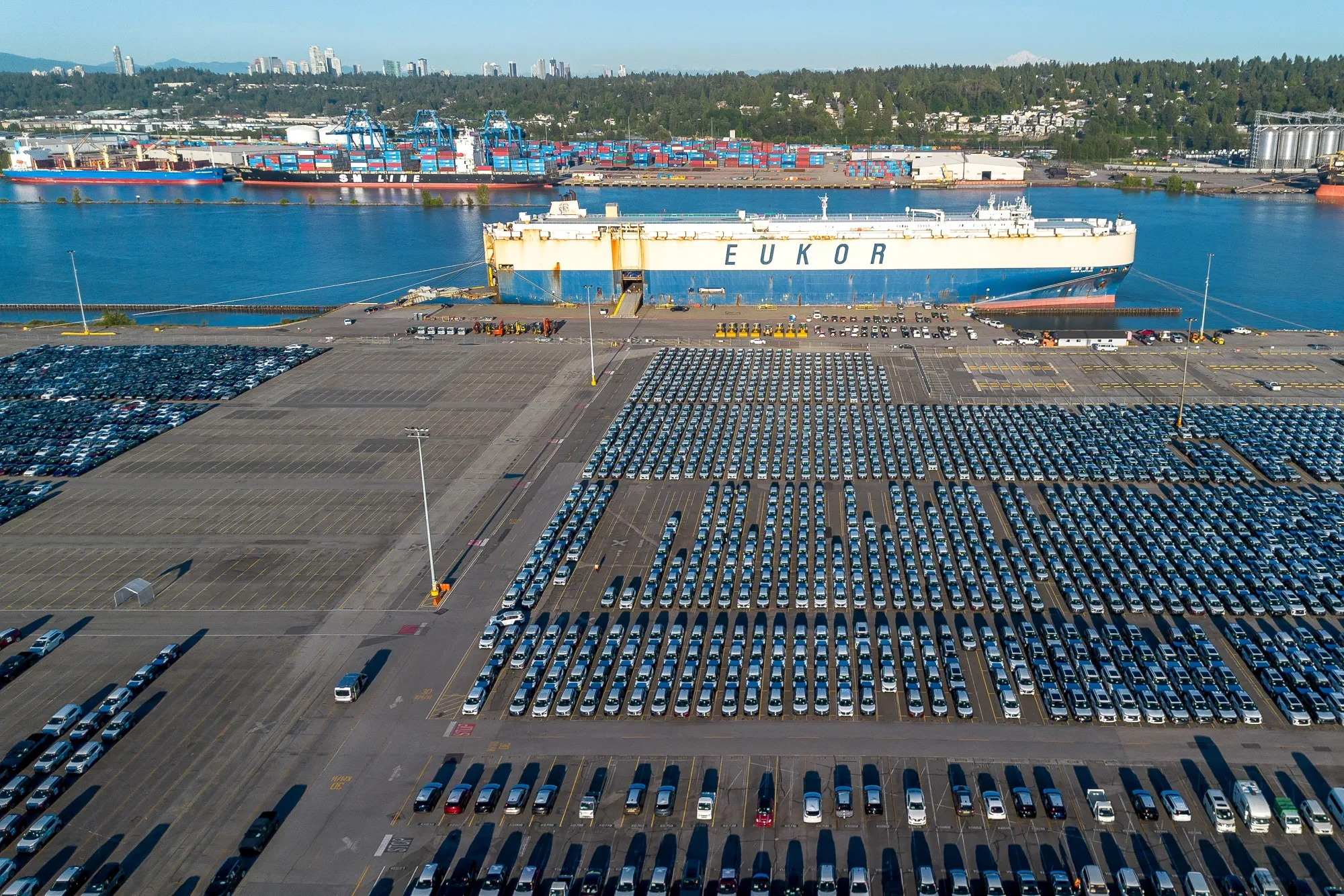 Vehicles at the Annacis Auto Terminal on Annacis Island in Delta, British Columbia.