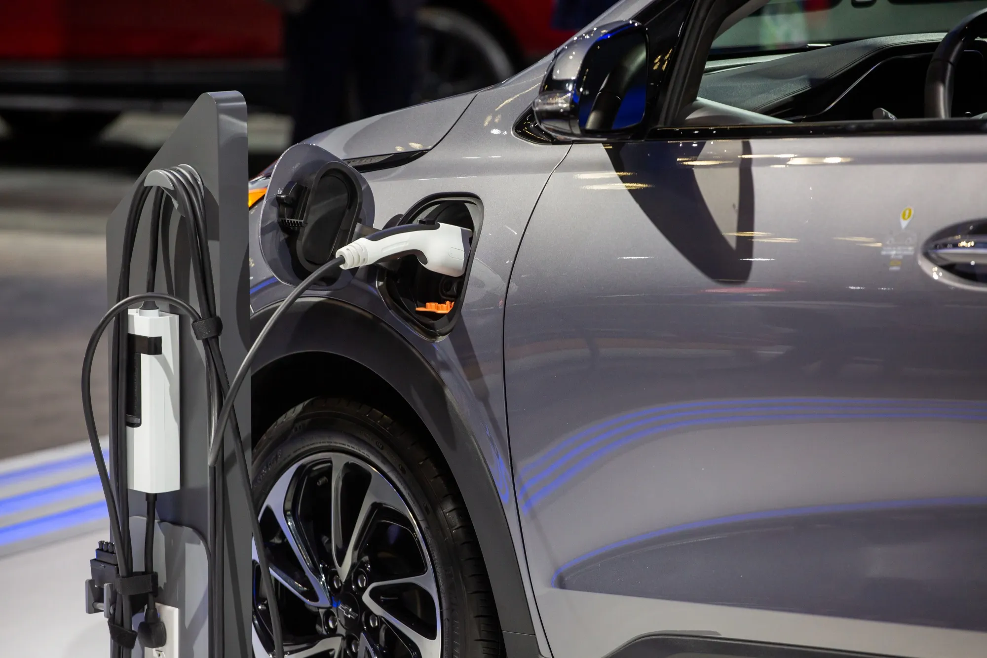 The charging port of a Chevrolet Bolt electric vehicle.