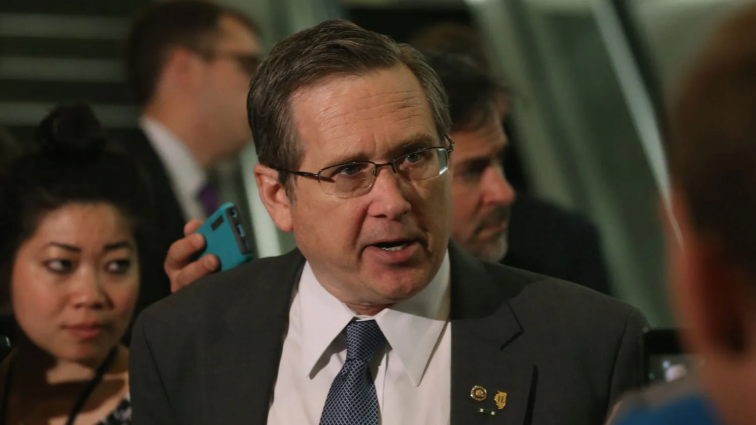 Sen. Mark Kirk (R-IL) speaks to the media after attending a meeting with Secretary of State John Kerry on Capitol Hill, April 14, 2015 in Washington, DC.
