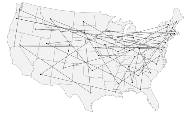 Using simulated annealing, Schneider's app solves traveling salesman problem for 48 U.S. state capitals. 