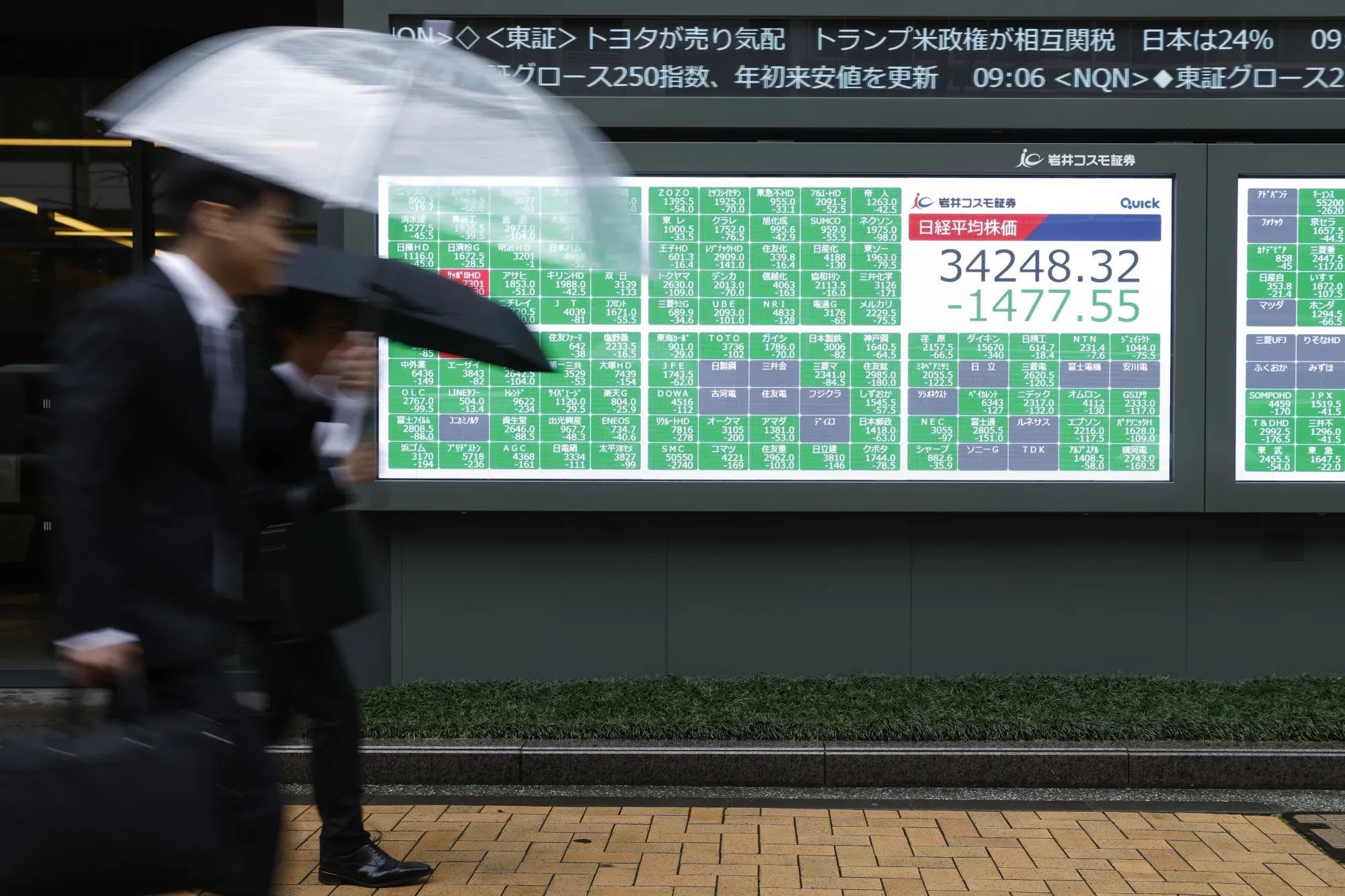An electronic stock board displays the Nikkei 225 Stock Average&nbsp;in Tokyo, on April 3.&nbsp;Asian stocks&nbsp;fell&nbsp;to a two month low following Donald Trump’s announcement of reciprocal trade tariffs.