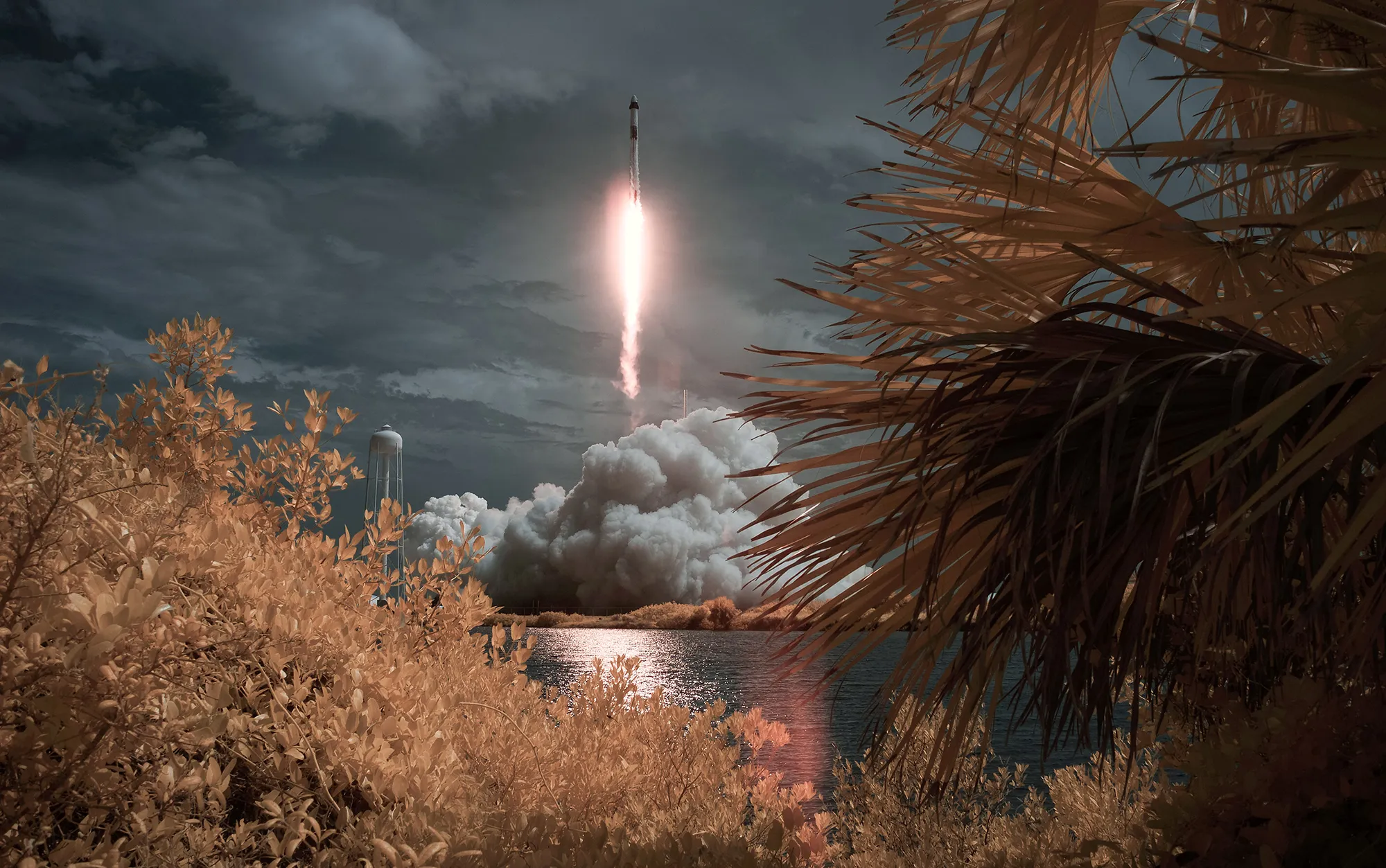 The SpaceX Falcon 9 as it launches from NASA’s Kennedy Space Center in Florida in this false color infrared exposure on May 30.